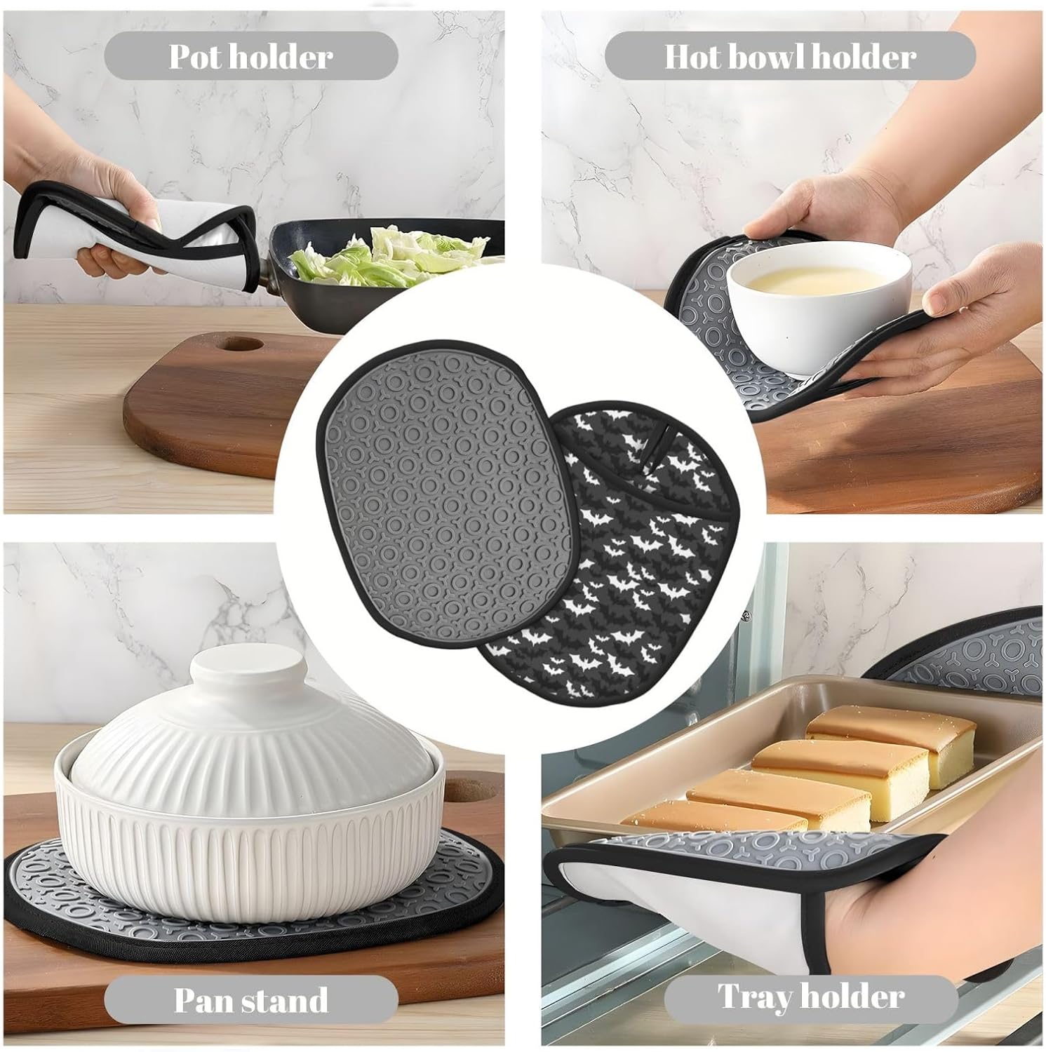 Vivid Halloween Bats Grey Oven Pot Holder Set