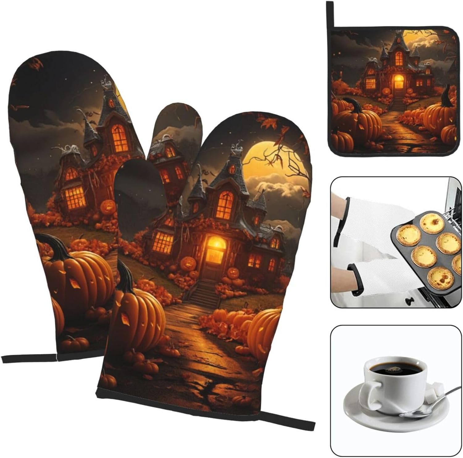 Pumpkin Halloween Oven Mitts Set of 3 for Cooking Baking