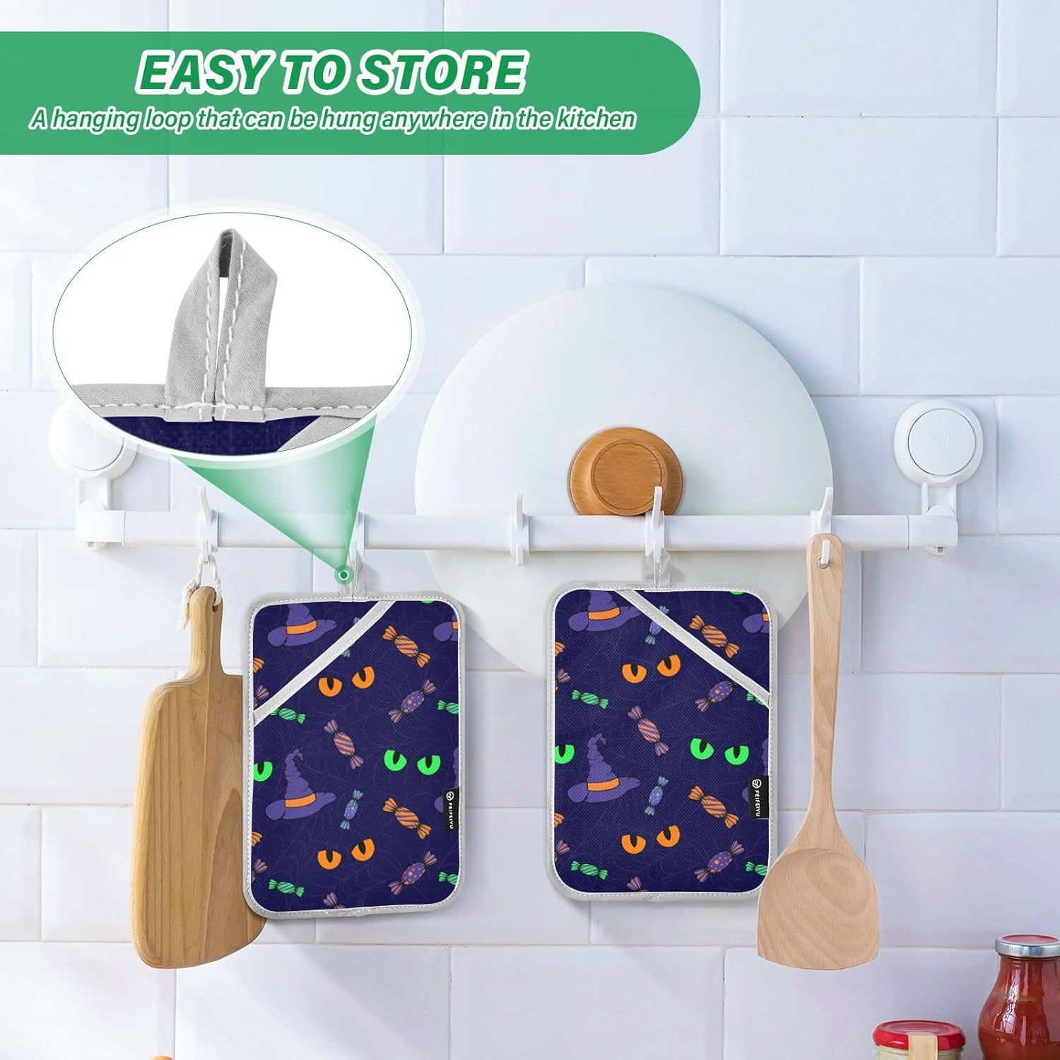 OURVII 2Pcs Halloween Cat Eye Pot Holders Non-Slip with Pockets