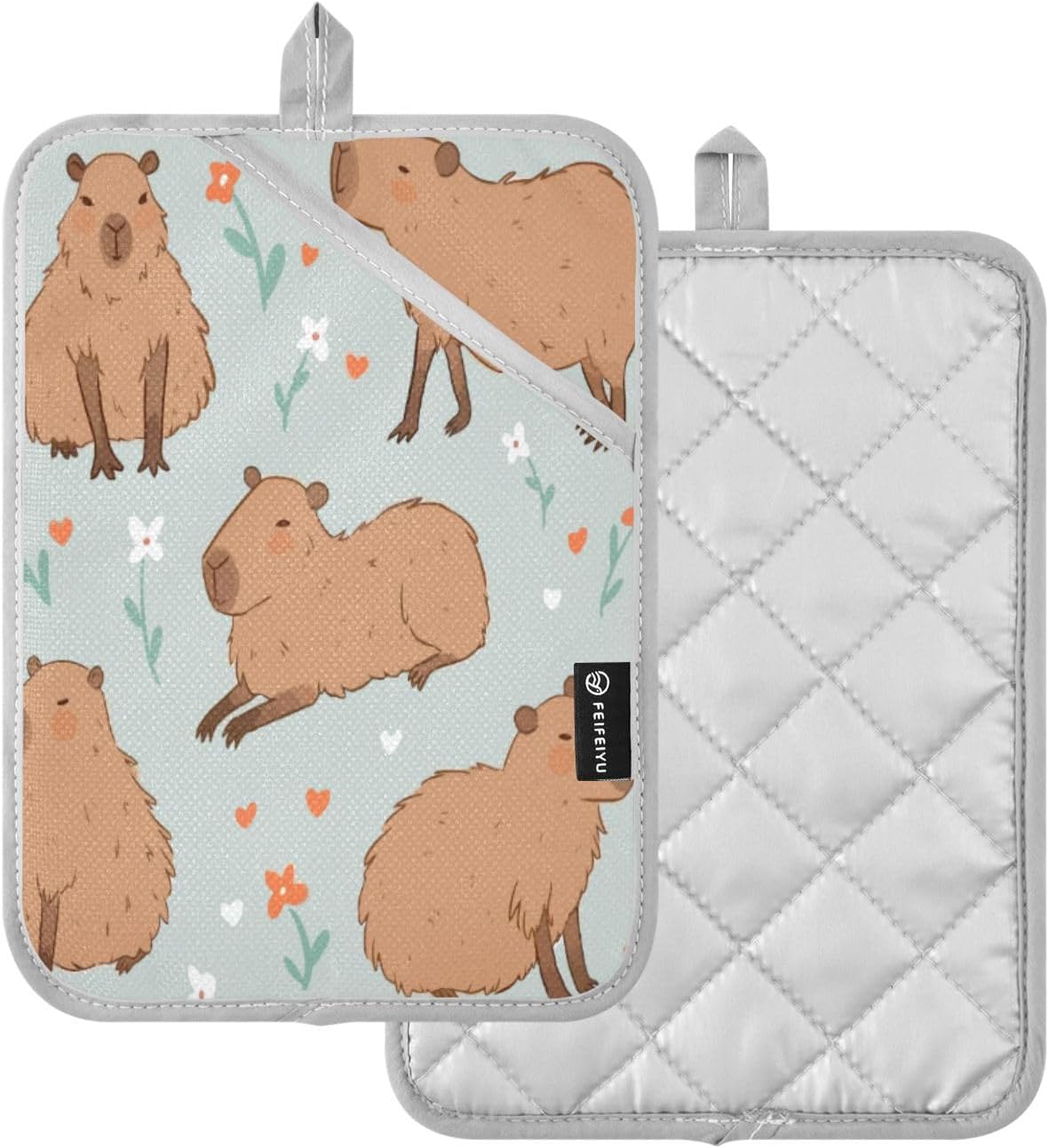 Kcldeci 2-Pack Cute Capybara Pot Holders with Flower Design
