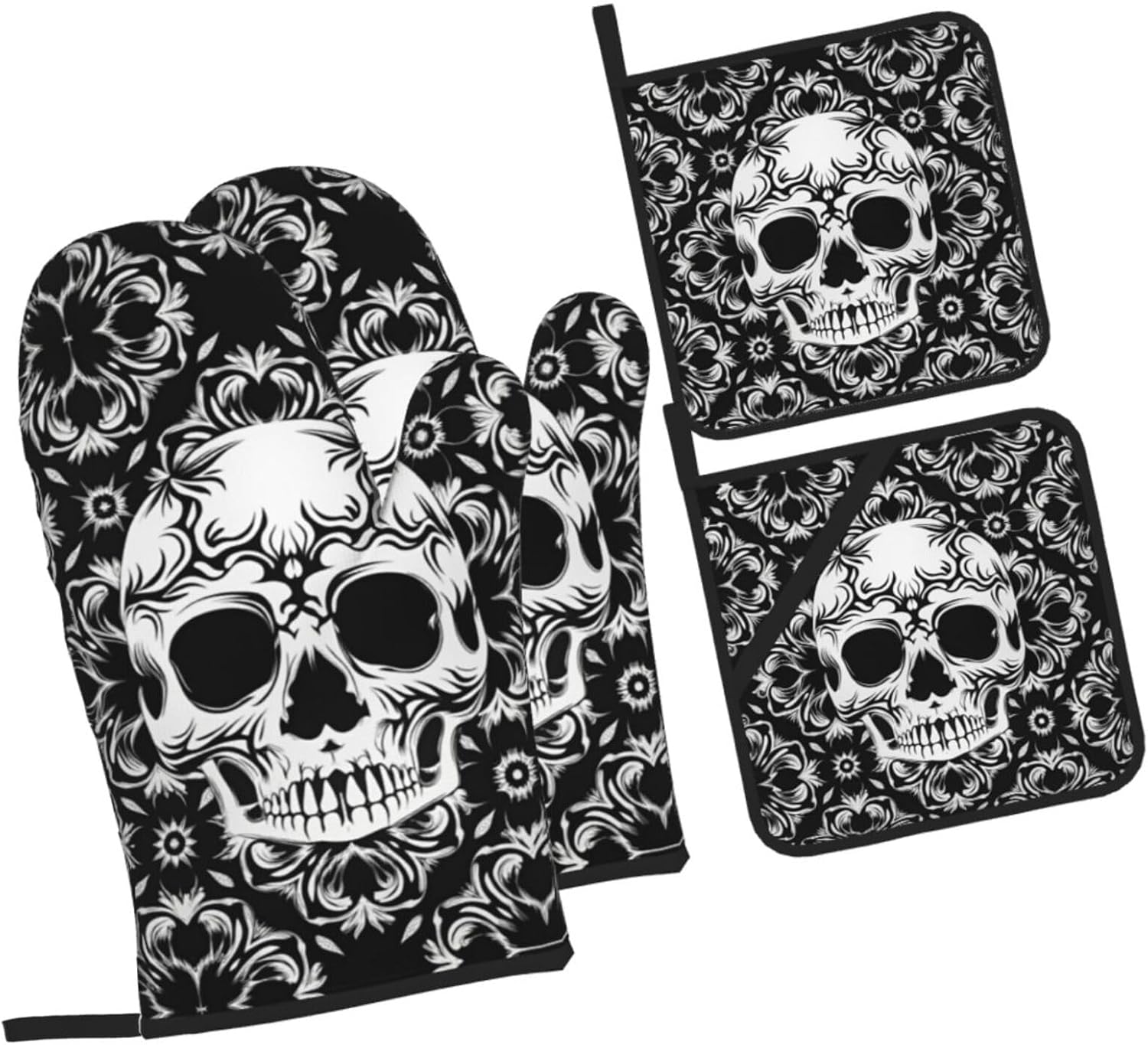 Gothic Skull Halloween Oven Mitts Set of 4 1