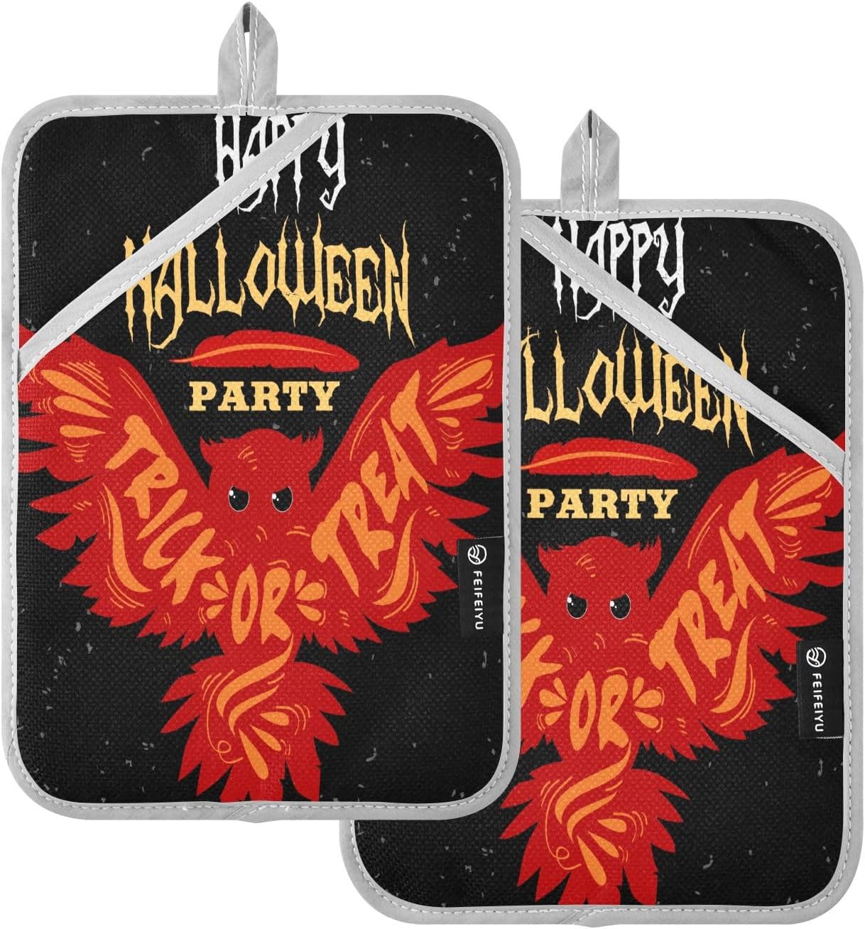 2Pcs Halloween Flying Owl Pot Holder Set Non-Slip Potholders with Pockets Mitts