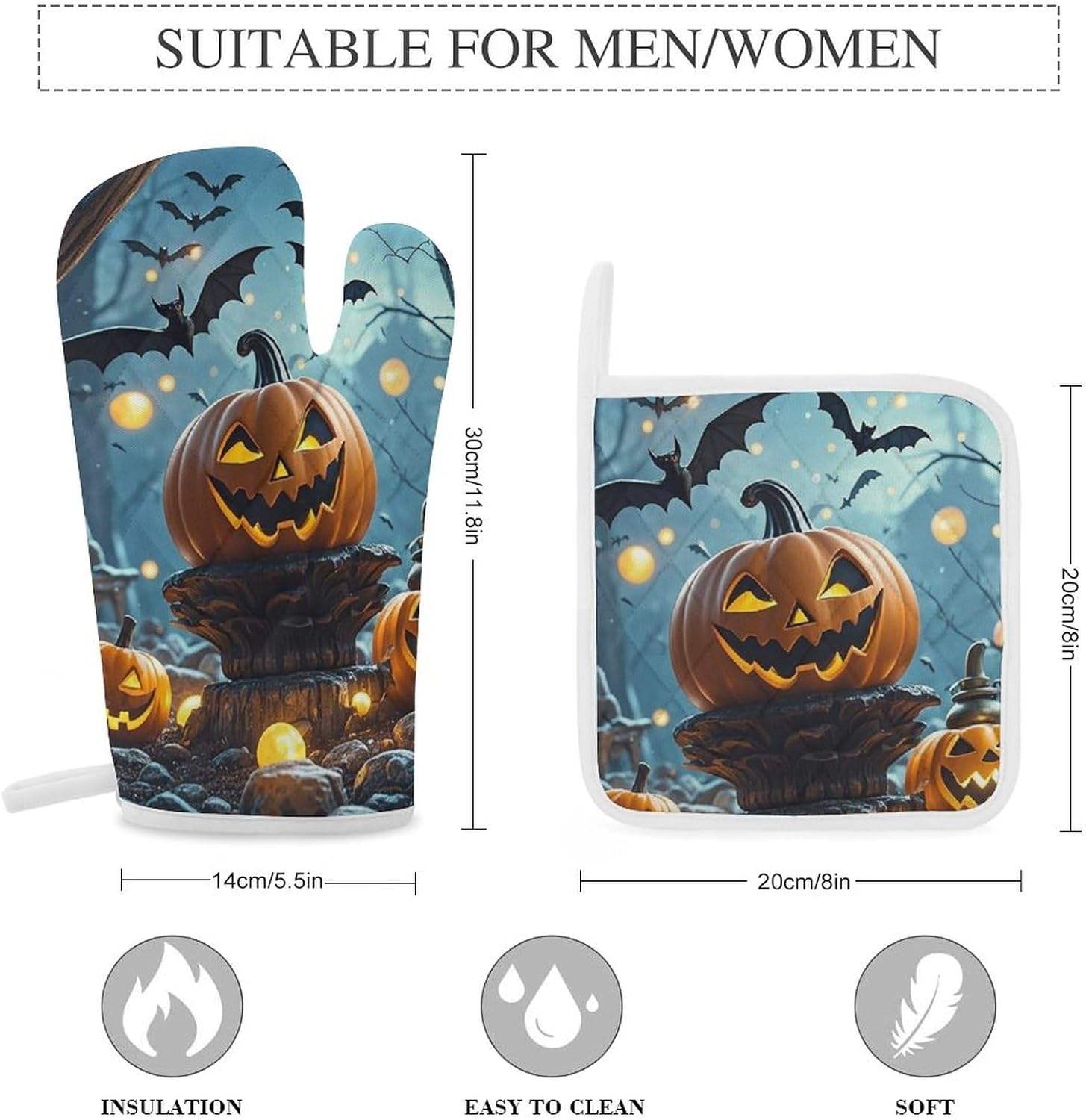 Halloween Oven Mitts Pot Holders - 3-Piece Set withFlying Bats Design