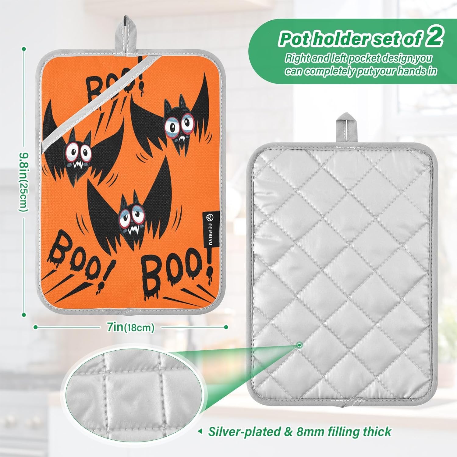2-Piece Halloween Black Bat Potholders with Pockets 7x98in