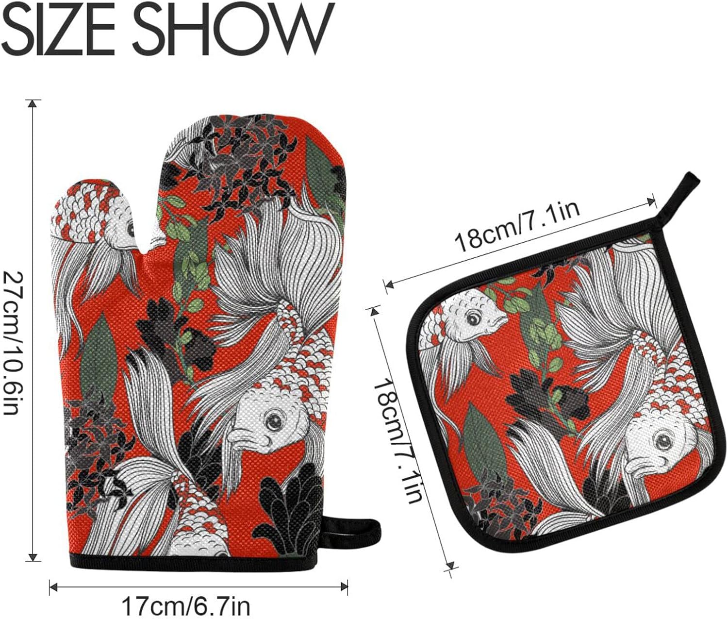 Exnundod Japanese Koi Carp Flowers Oven Mitts and Pot Holder Set