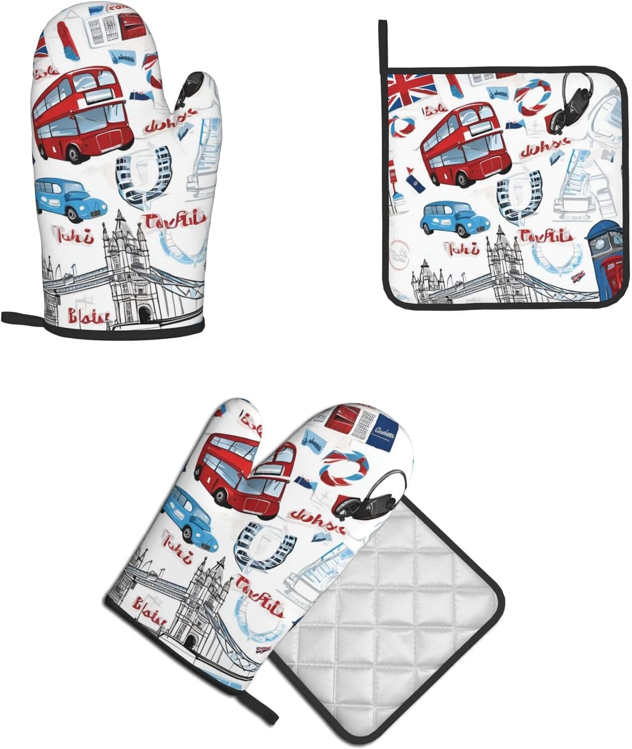 Quopvn London Printed Oven Mitts and Pot Holders 2pcs Set