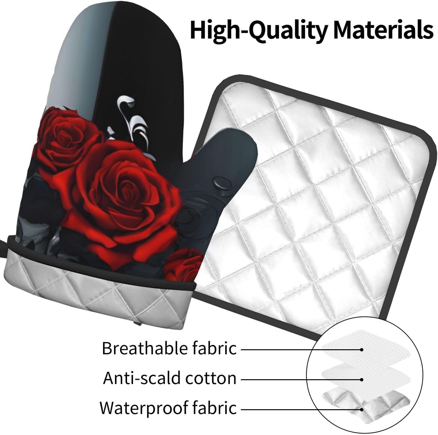 Pretty Roses Heat-Resistant Oven Mitt and Pot Holder Set