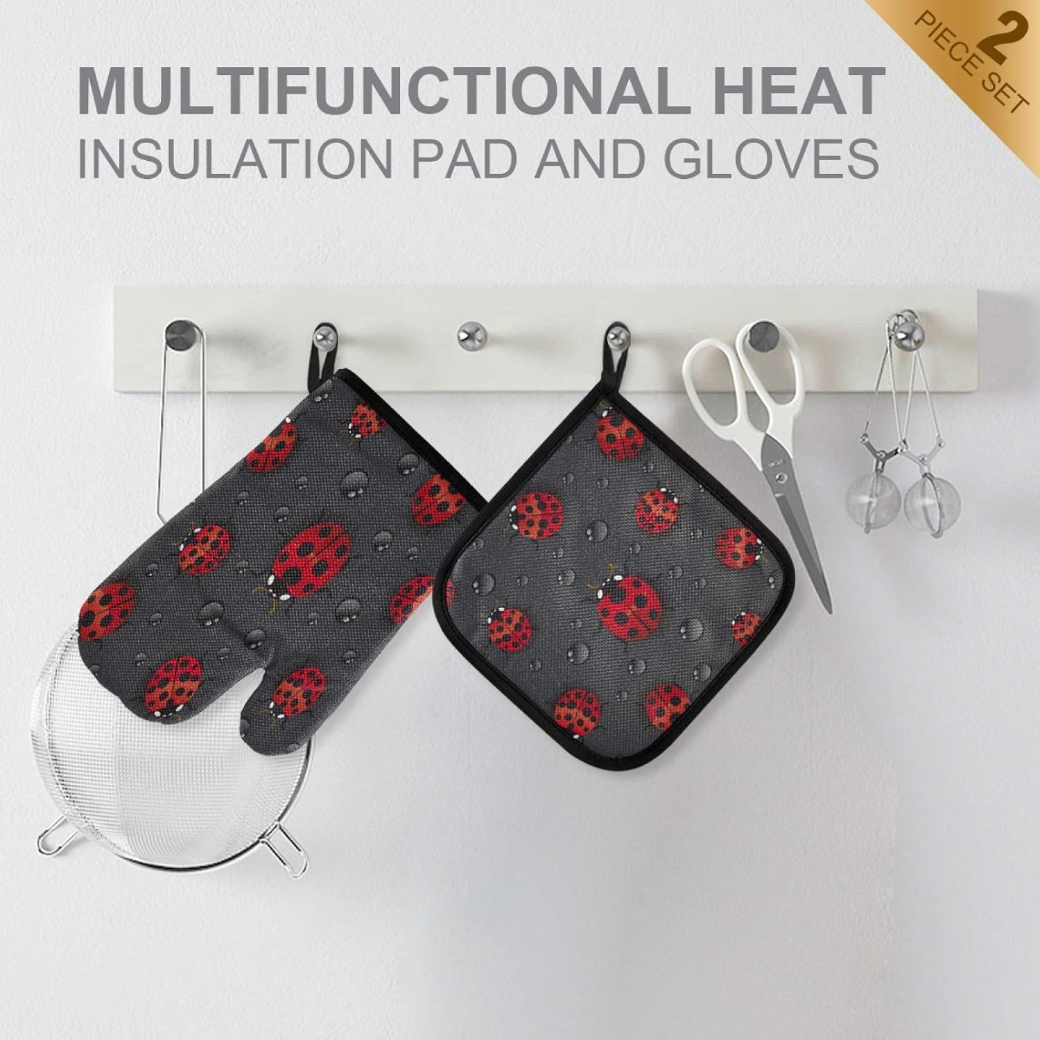 AUUXVA Ladybug Water Drop Pattern Oven Mitt Set