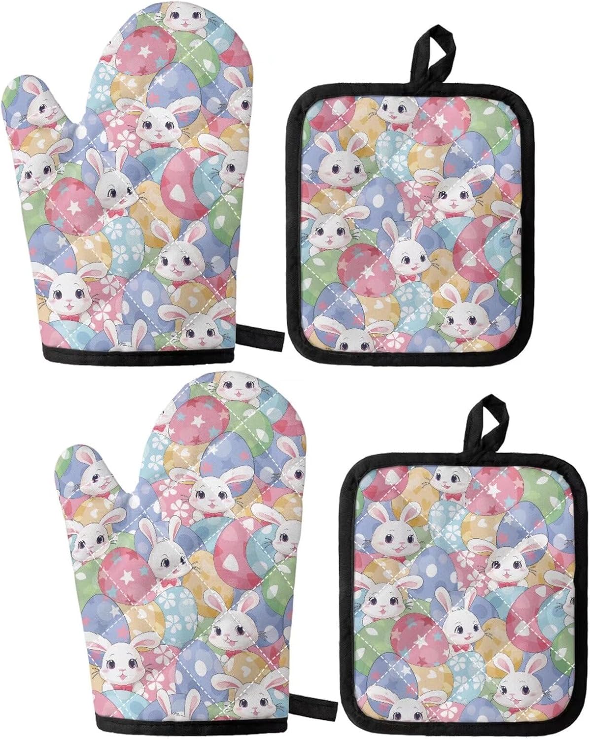 UNICEU Easter Rabbit Oven Mitts Pot Holders 4-Piece Set