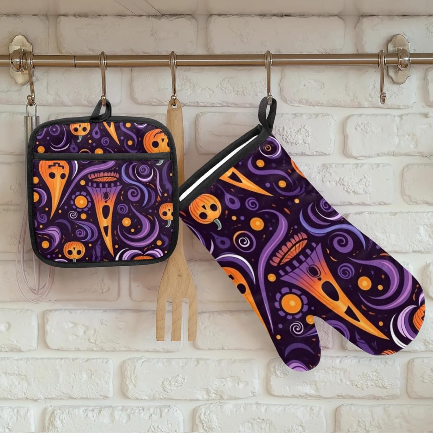 Halloween Pattern Oven Mitts Pot Holders Set for Baking BBQ
