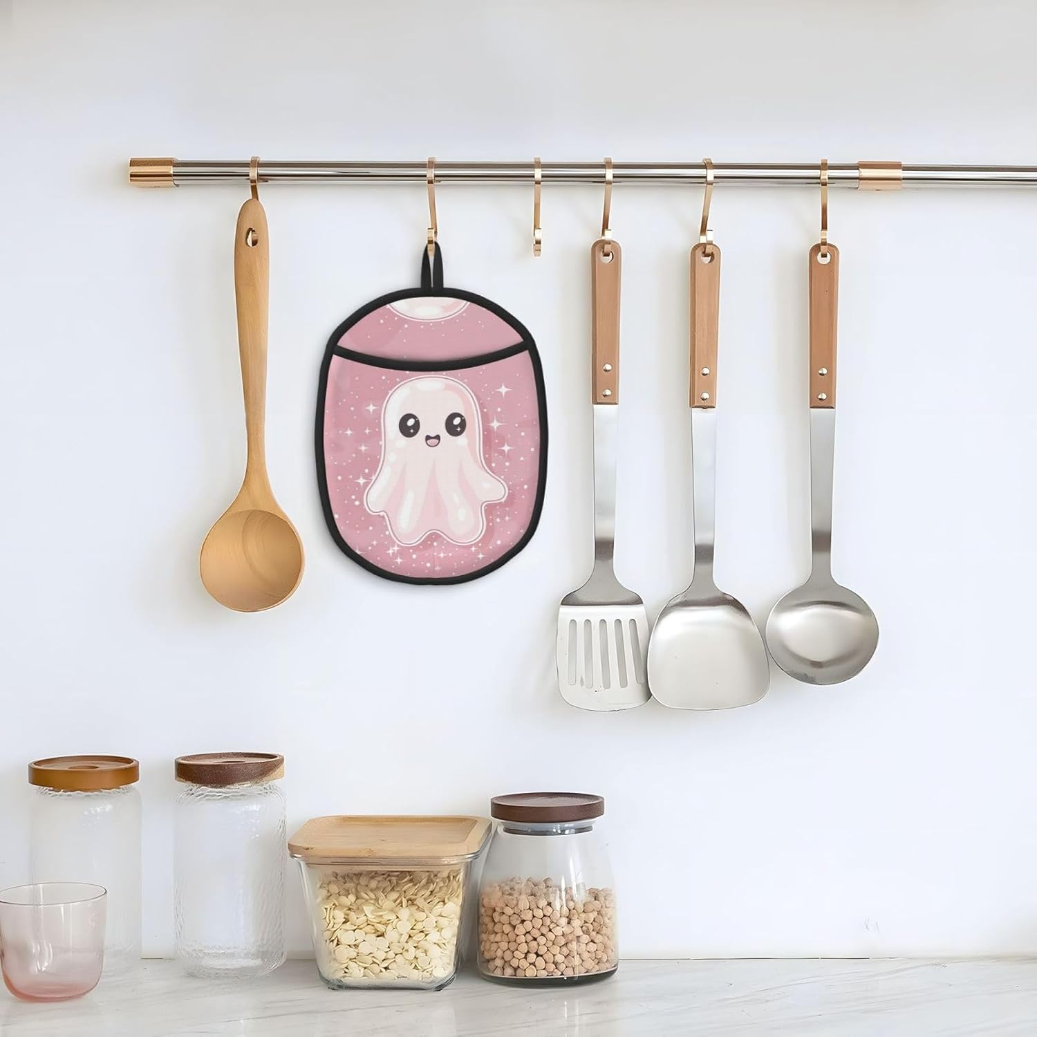 Cute Halloween Pink Ghost silicone Pot Holder with Hanging Loop