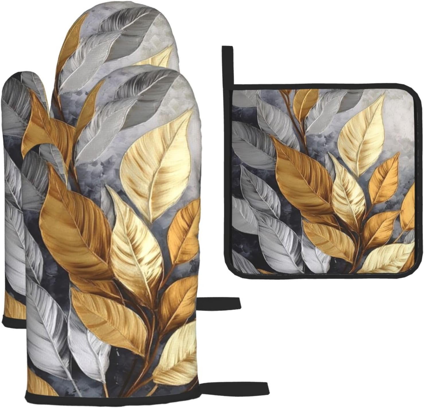 Tropical Gold and Silver Oven Mitts Set
