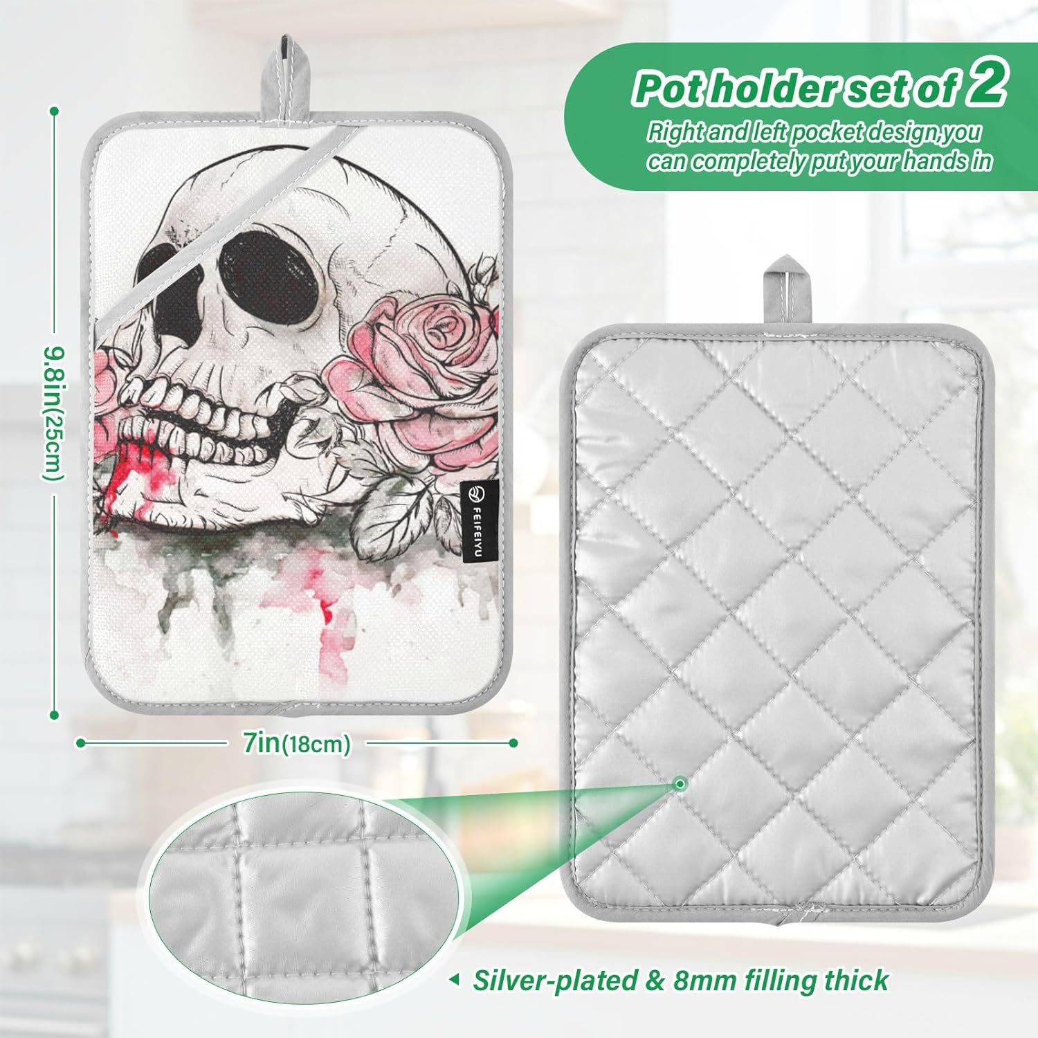 OurVII 2Pcs Halloween Pink Rose Skull Potholders Set
