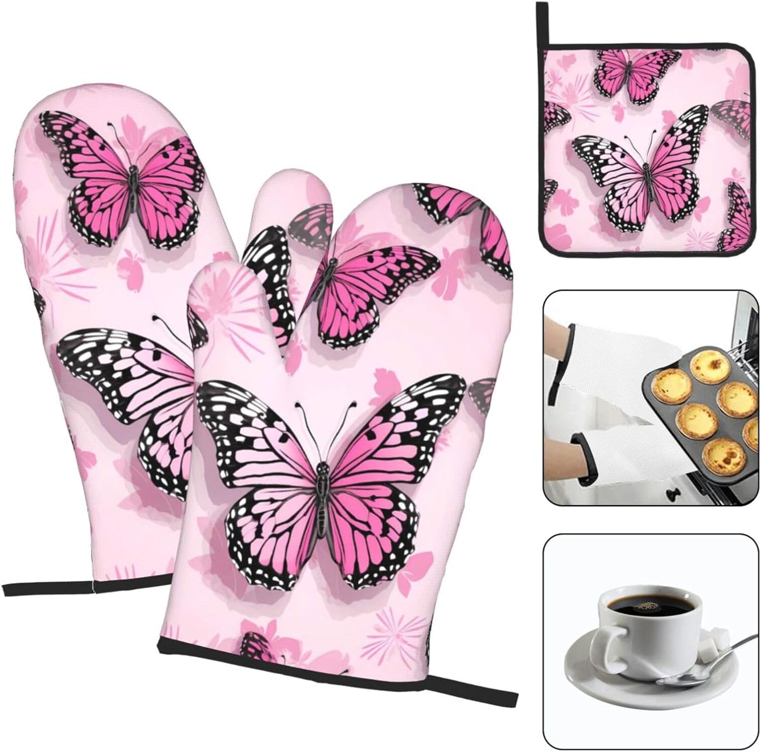 Edafol 3-Piece Oven Mitts and Potholders Set Heat-Resistant Pink Butterfly Design