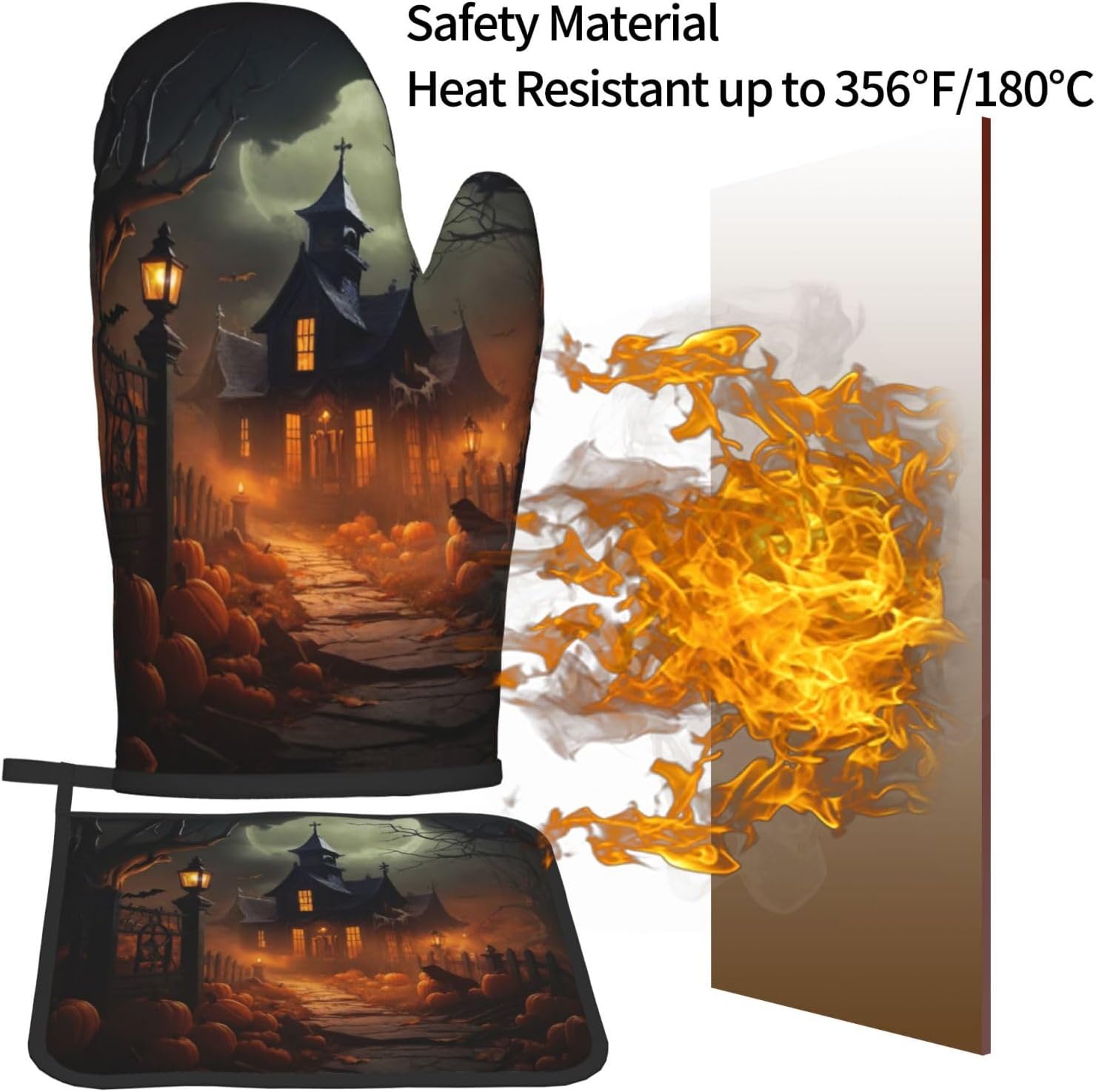 Scary Halloween Oven Mitts Pot Holders Set - Heat-Resistant Cooking Gloves Baking Pots