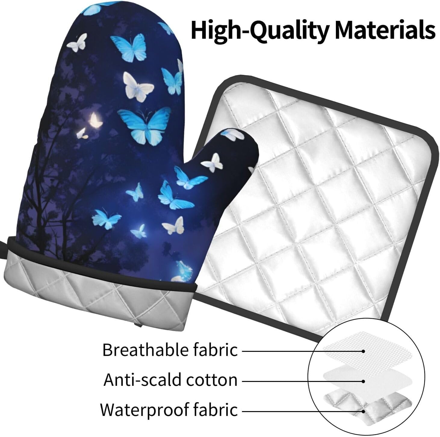 Quopvn Butterfly-Printed Oven Mitts and Pot Holders 2-Piece Set
