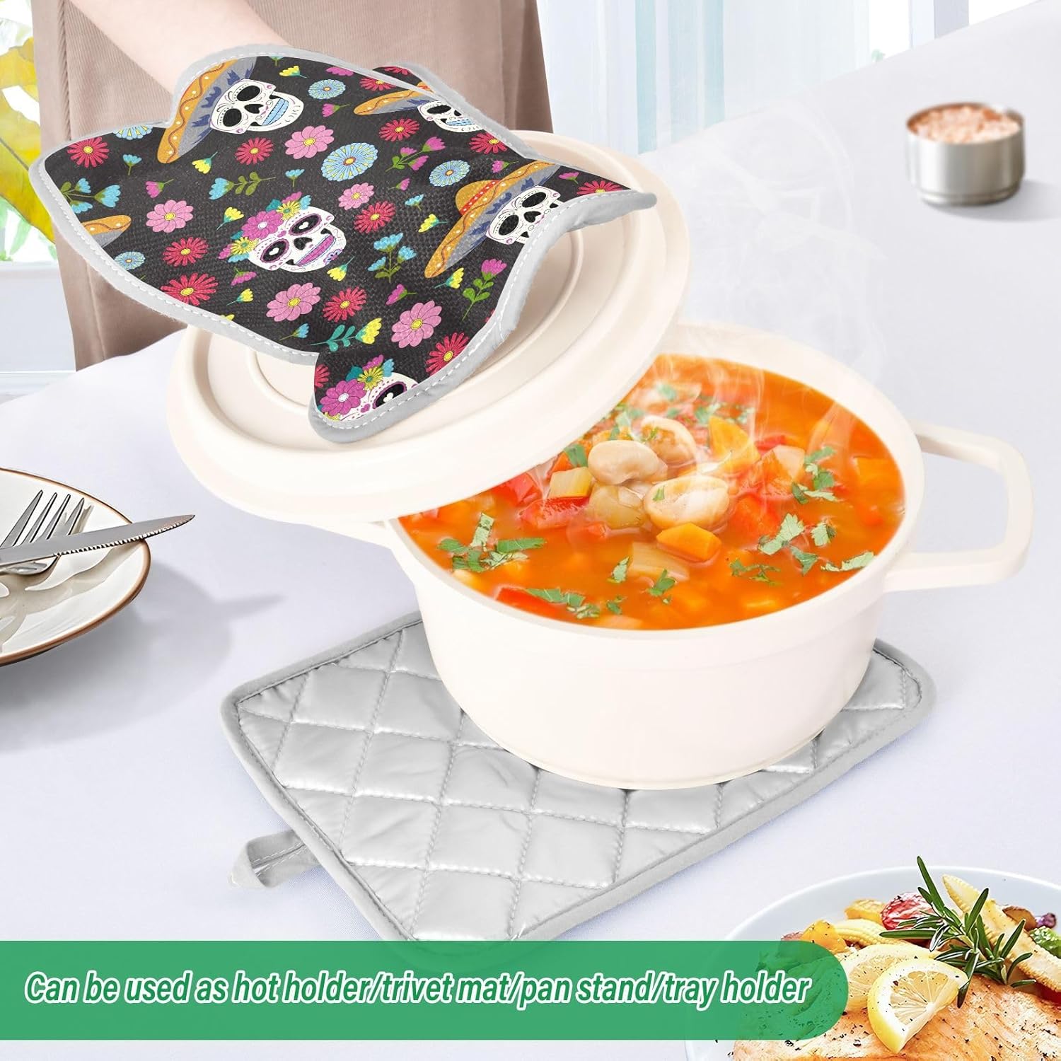 Day of the Dead Potholder Set - Heat-Resistant Oven Mitts