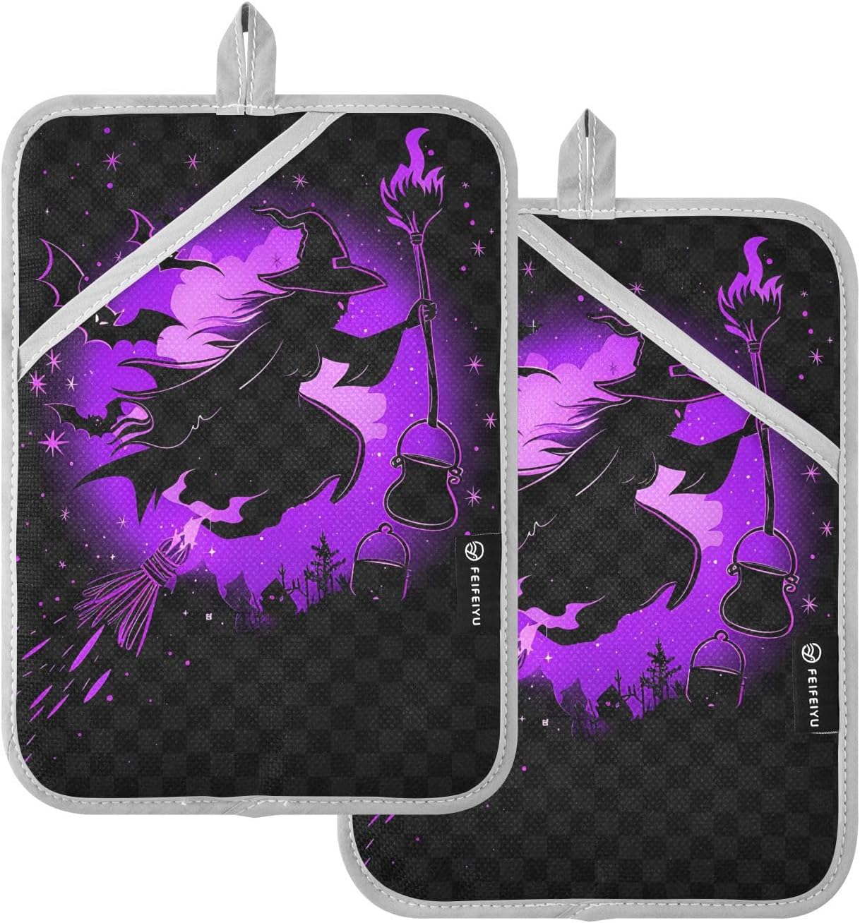 Halloween Purple Witch Bat Potholders 2 Piece Set