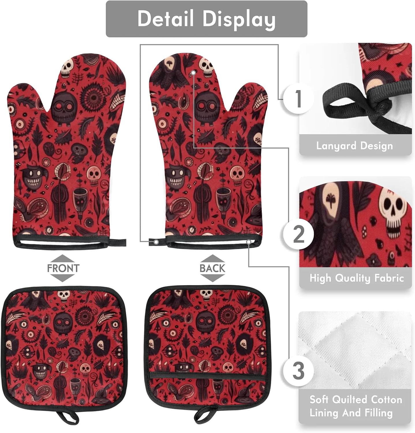Halloween Skull Ghost Bat Oven Mitts Set of 2 for Chef