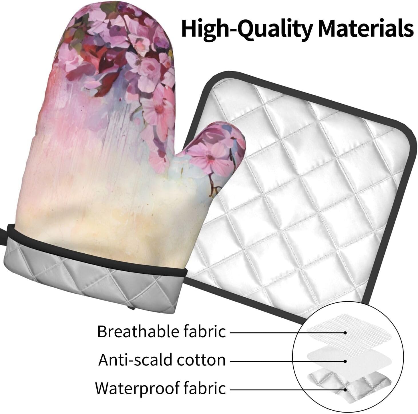 Elegant Oven Mitts Set Cherry-Printed Non-Slip Pots Pans