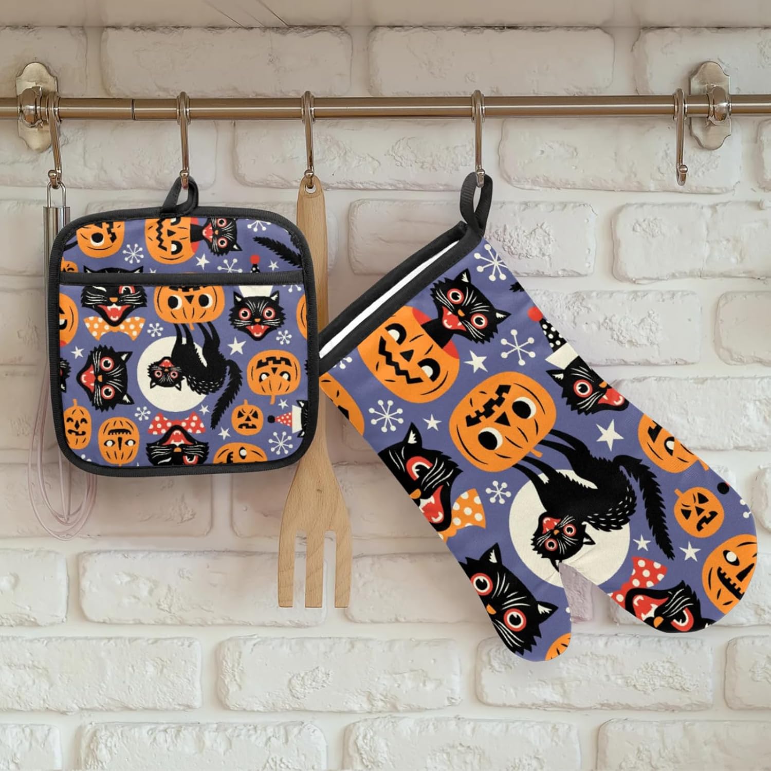 Scary Pumpkins Halloween Cat Oven Mitts Pot Holder Set