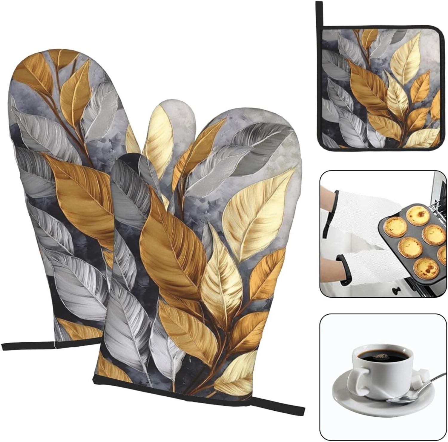 Tropical Gold and Silver Oven Mitts Set