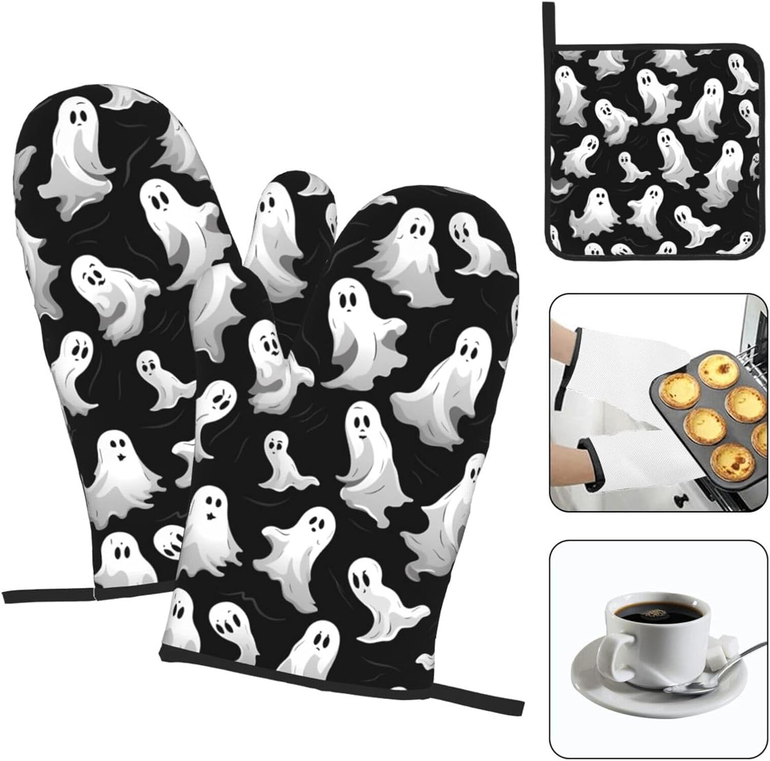3PCS Halloween Goth Oven Mitts and Pot Holders Set
