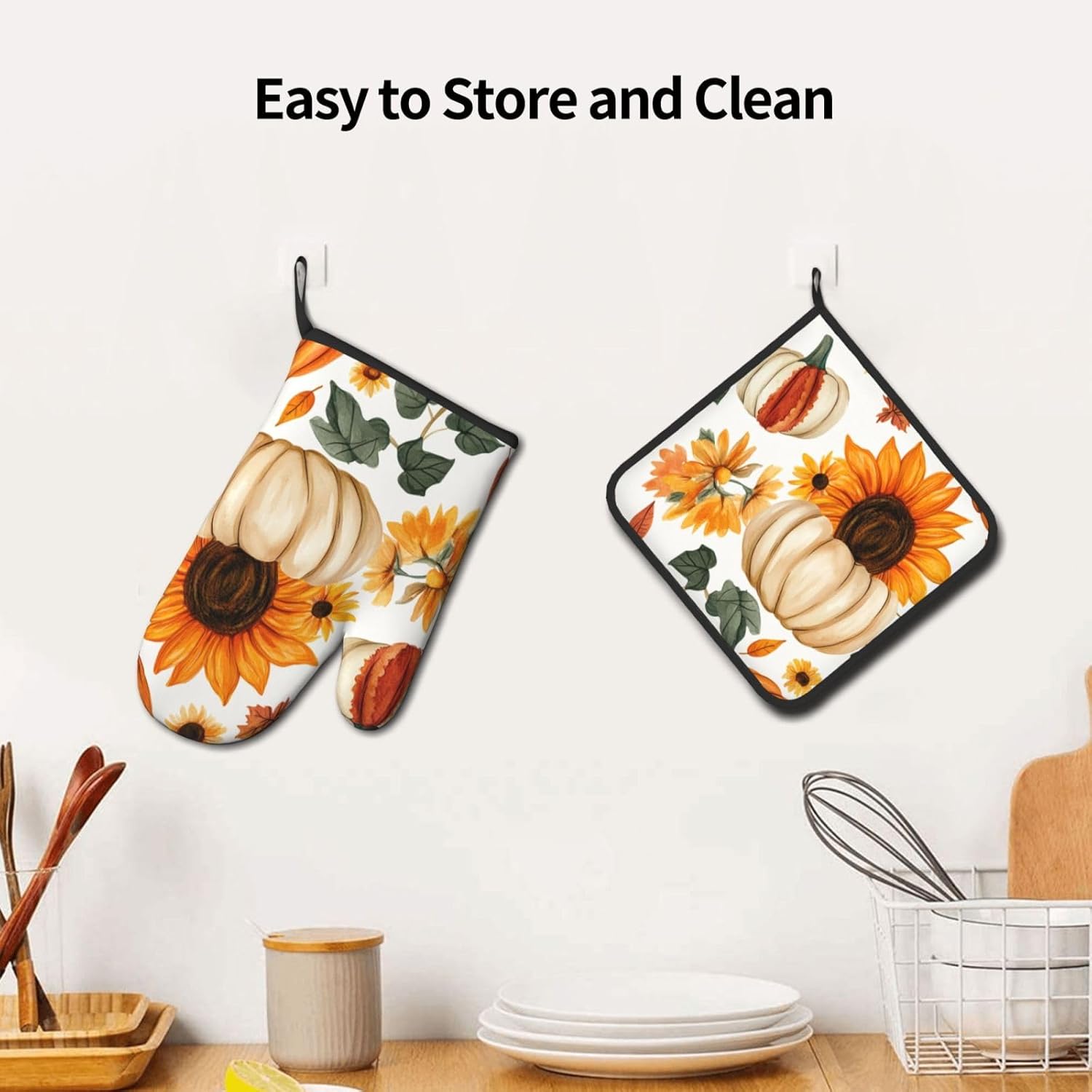 Gjieliness Halloween Oven Mitts Set with Pumpkins and Sunflowers Pattern