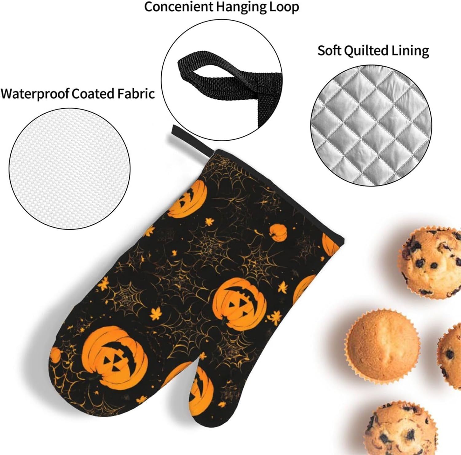 Halloween Pumpkin Print Oven Mitts Set of 3 Black