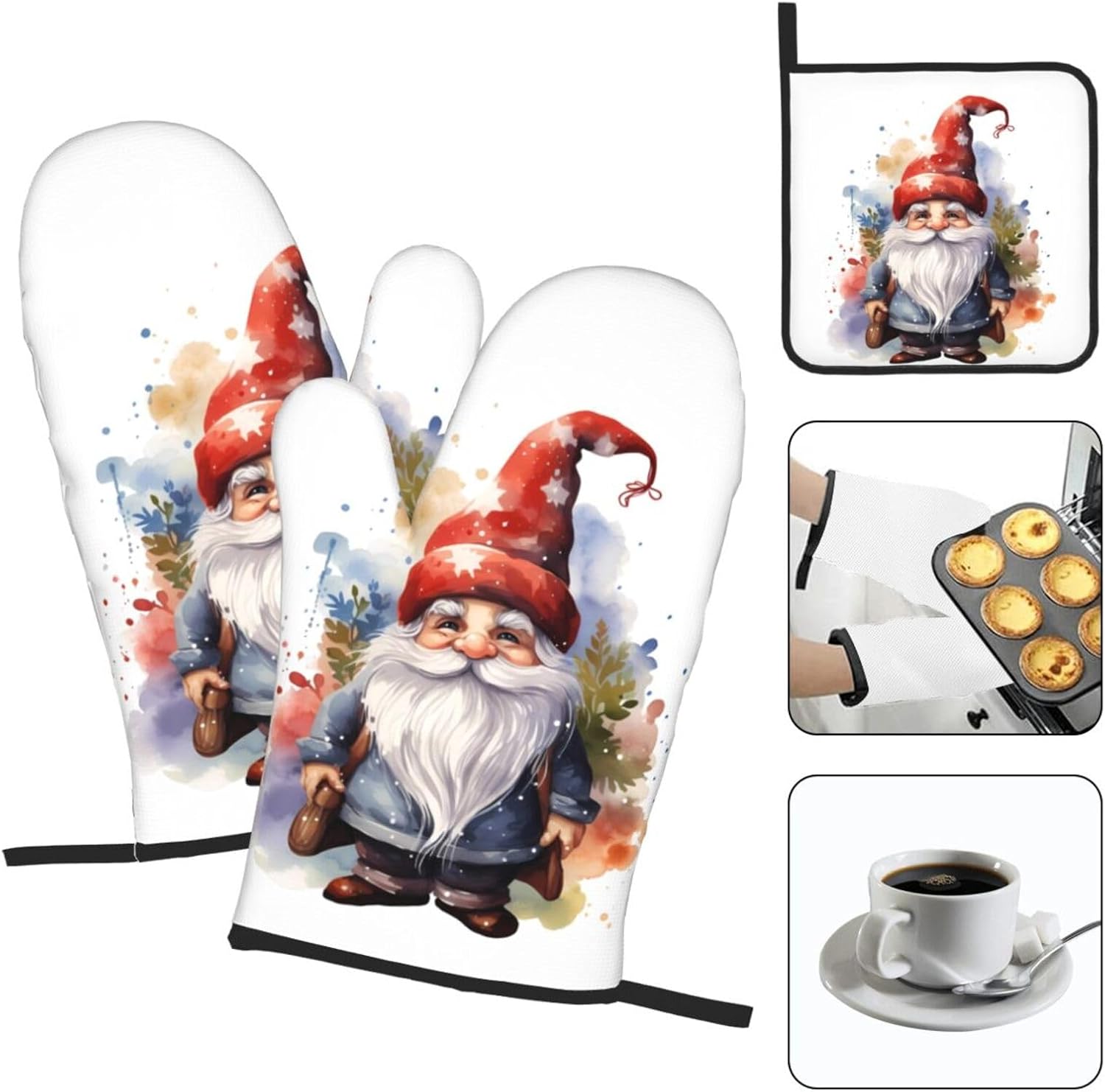 Watercolor Christmas Gnomes Oven Mitts Set of 3