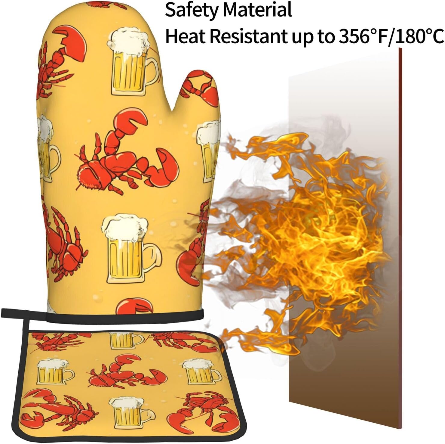 Quopvn Beer and Crawfish Pattern Oven Mitts 2pcs Set