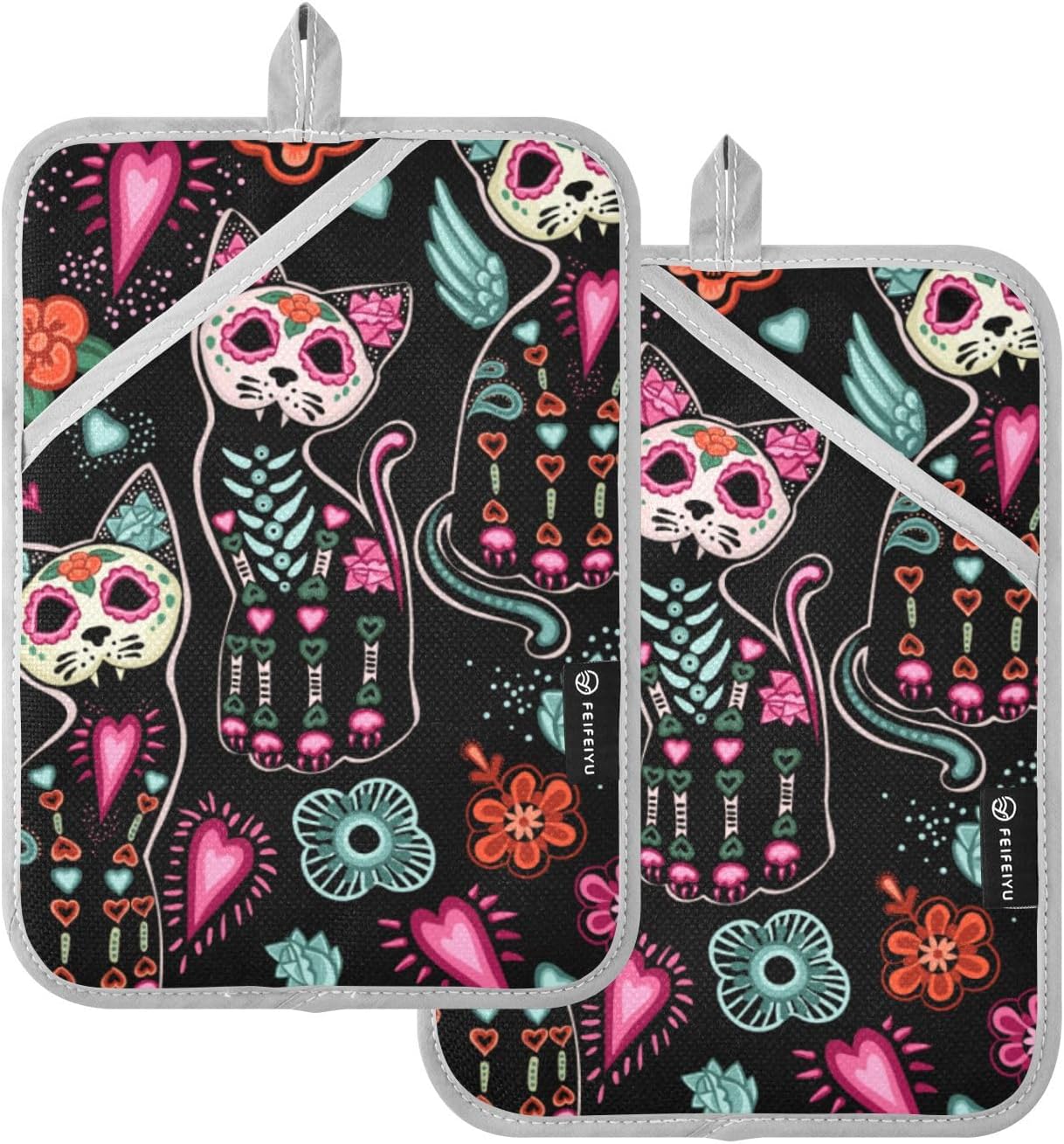 OurVii Skull Cat Halloween Pot Holder Set trays 7x98in 2pack