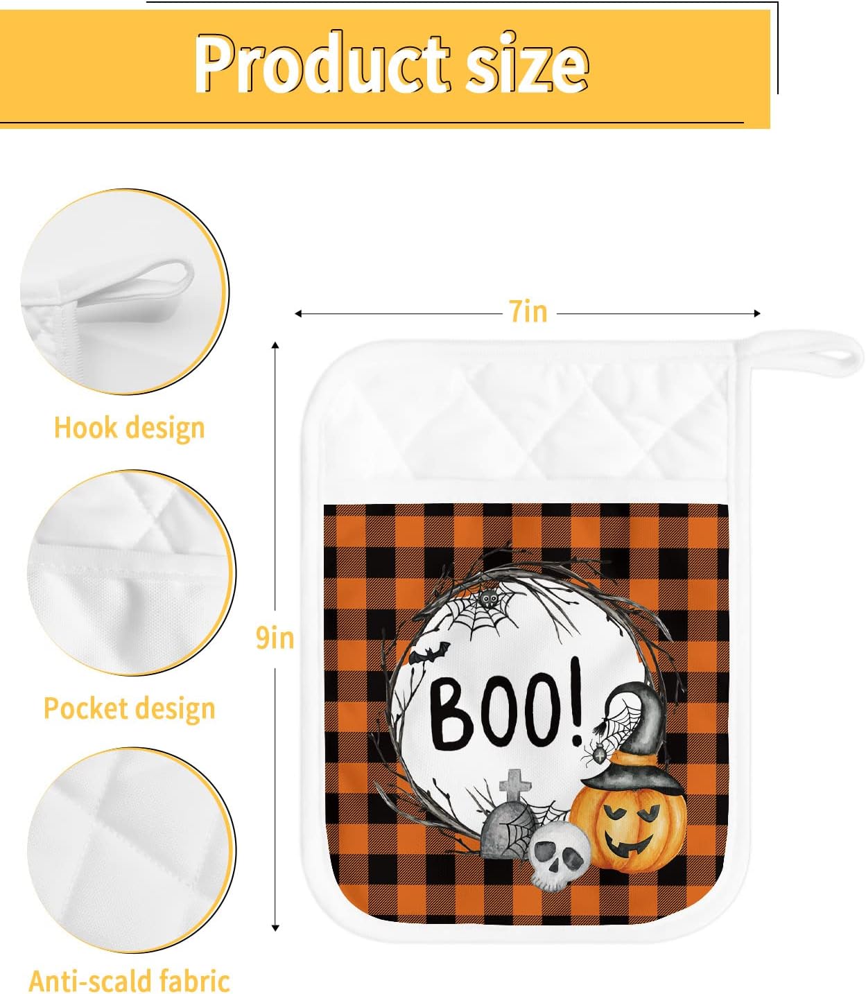 HilariousM Halloween Pumpkin Buffalo Check 5PCS Potholders