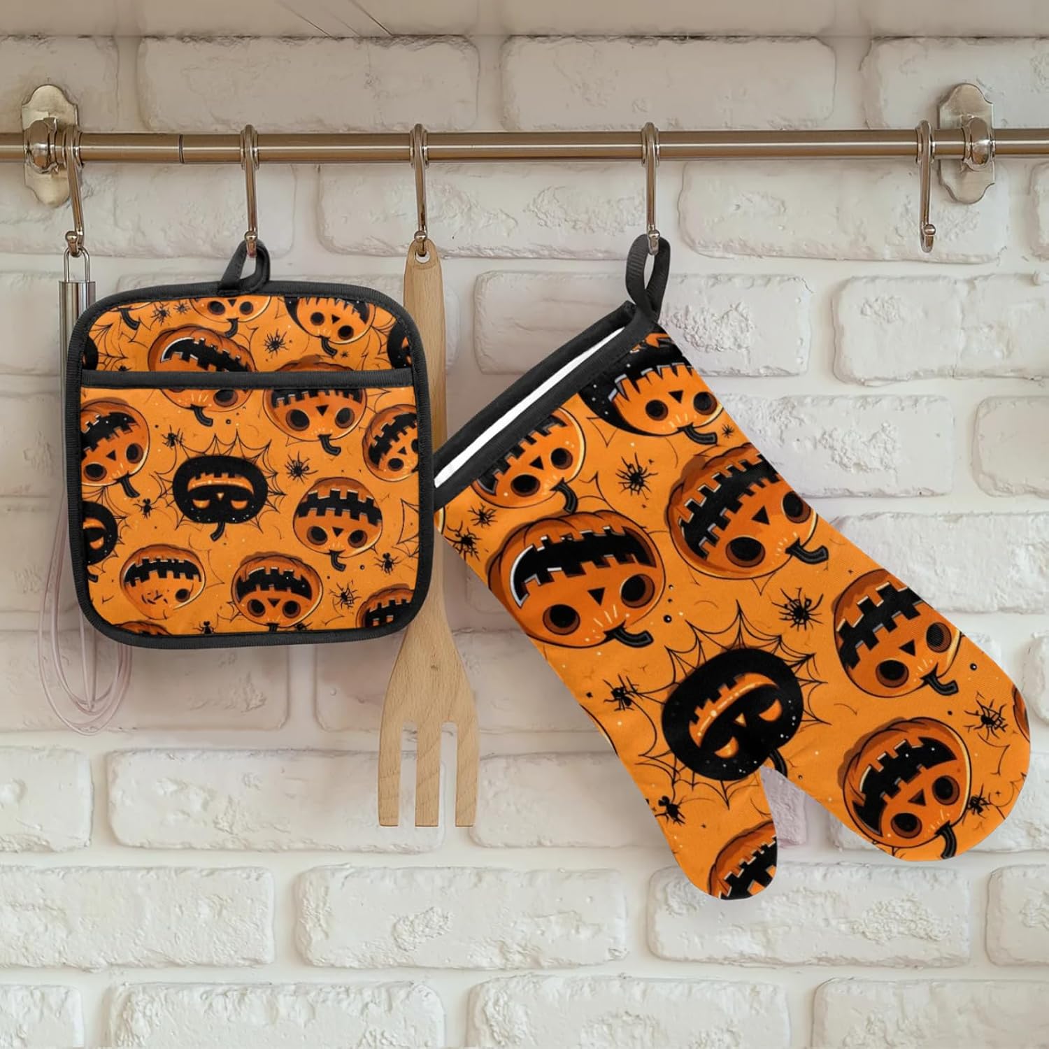 Halloween Spider Web Pumpkin Oven Mitts and Pot Holders Set