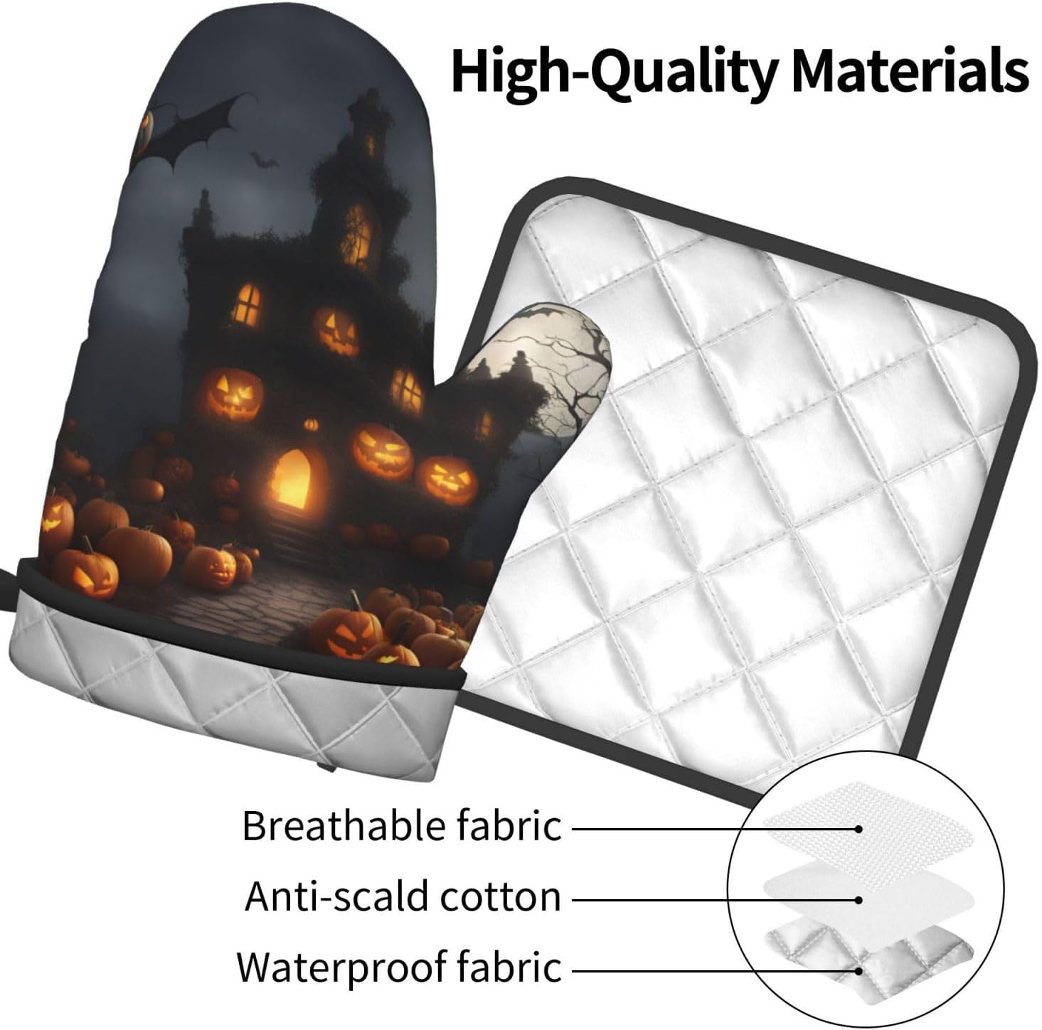 Halloween Pumpkin Print Heat-Resistant Oven Mitts Set Safe for Cooking BBQ