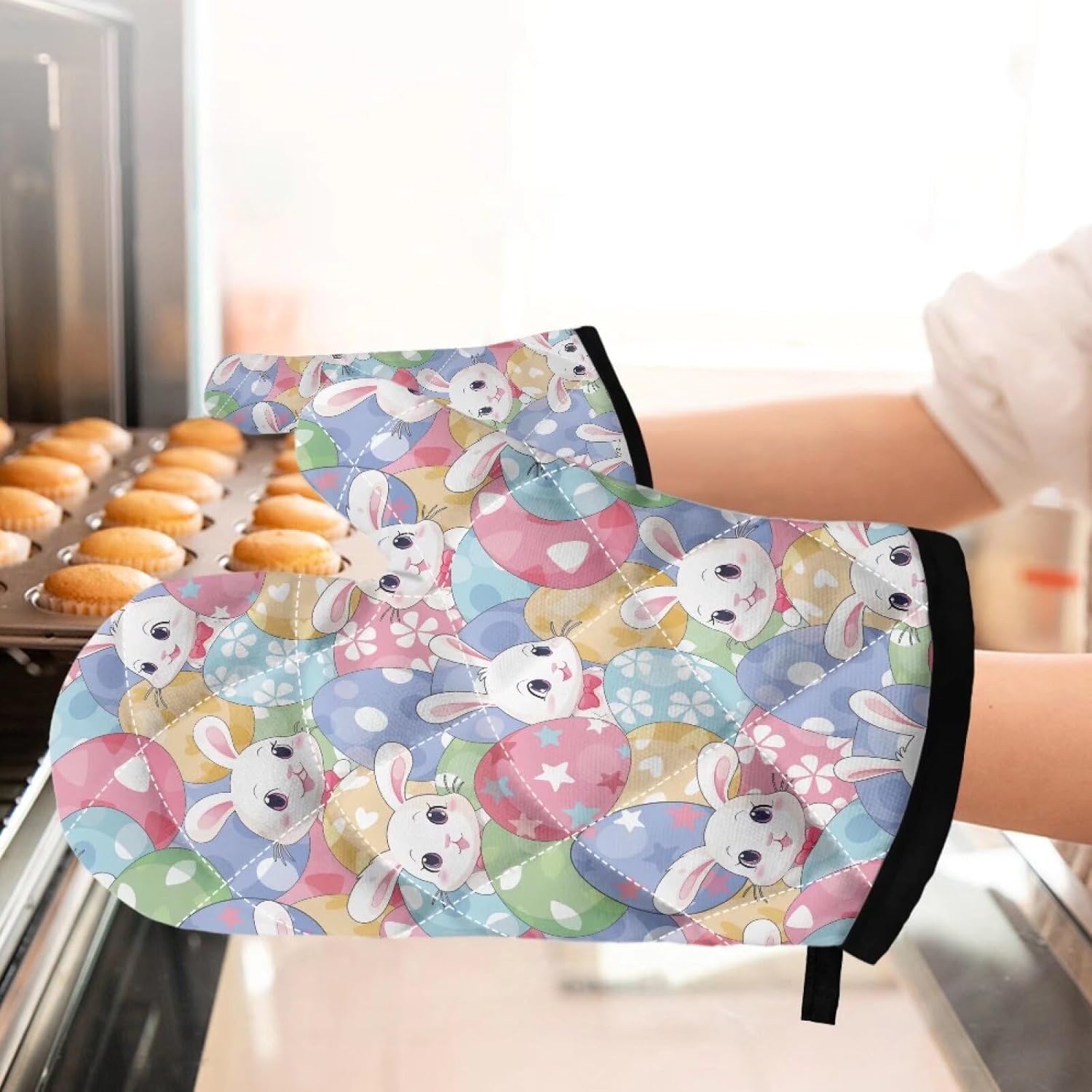 UNICEU Easter Rabbit Oven Mitts Pot Holders 4-Piece Set