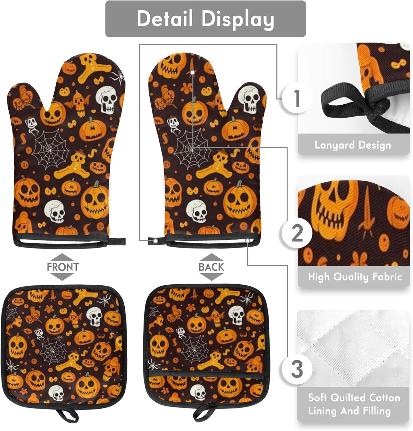 Aglebo Halloween pumpkin spider skull oven mitts set