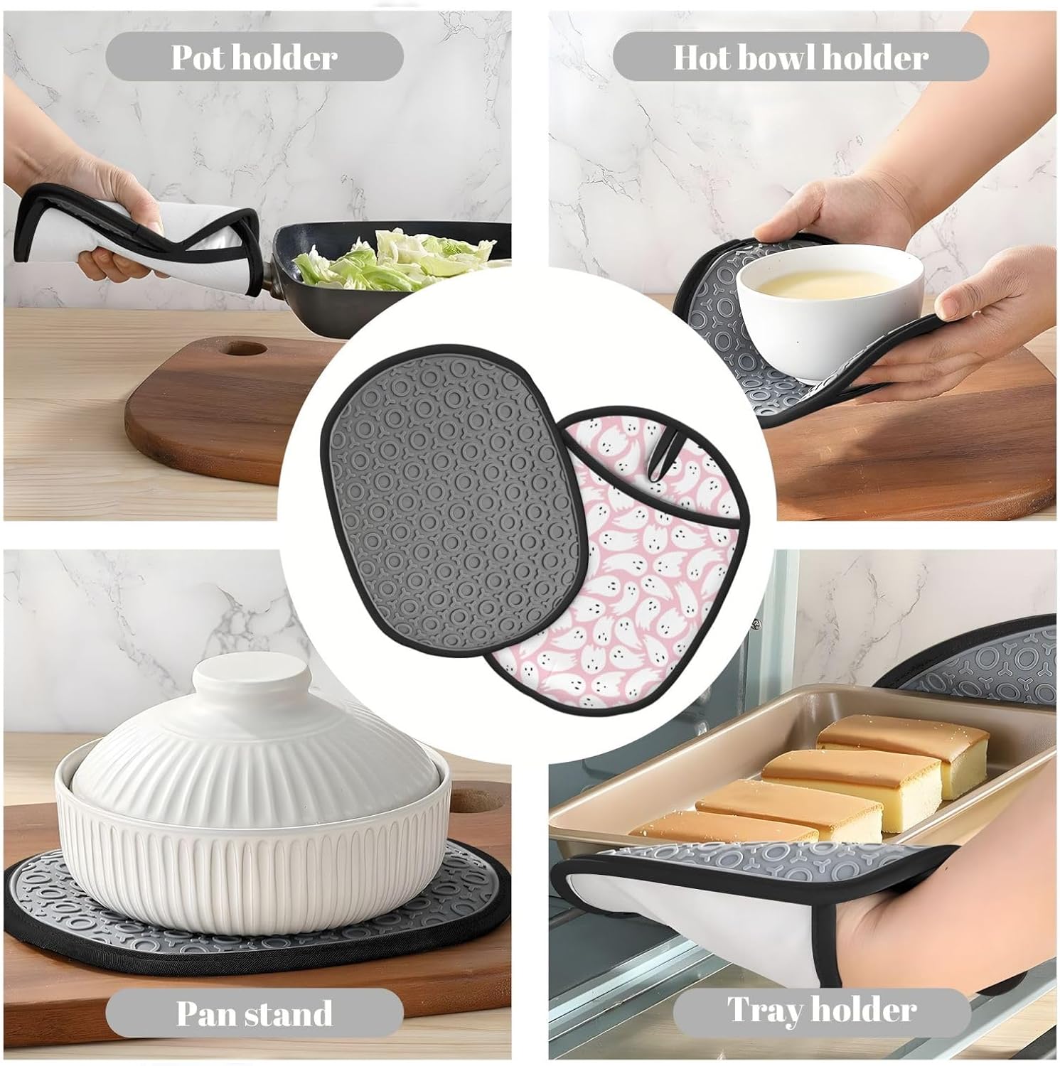 Halloween Pink Ghost Heat-Resistant Potholders Durable Kitchen Tools with Storage Loop