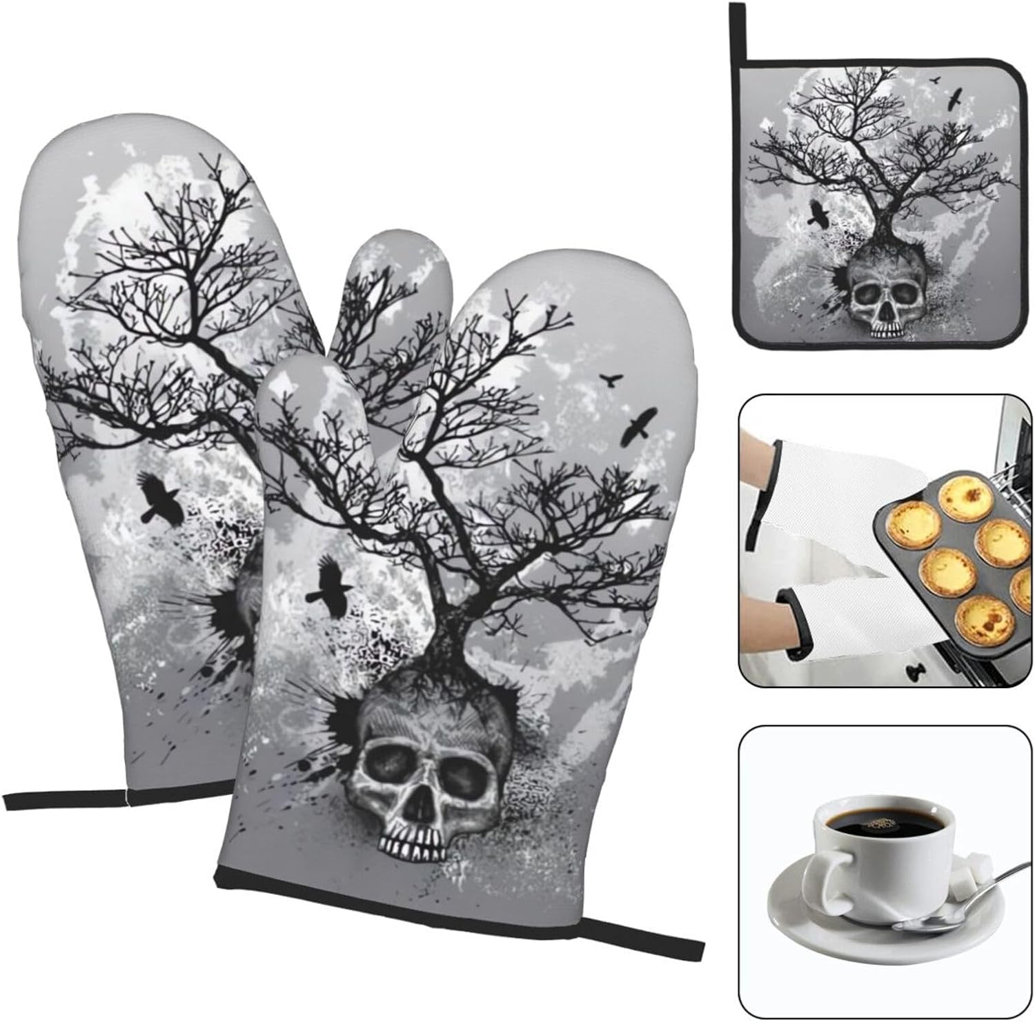 Halloween Skull Oven Mitts and Pot Holders Set Heat-Resistant