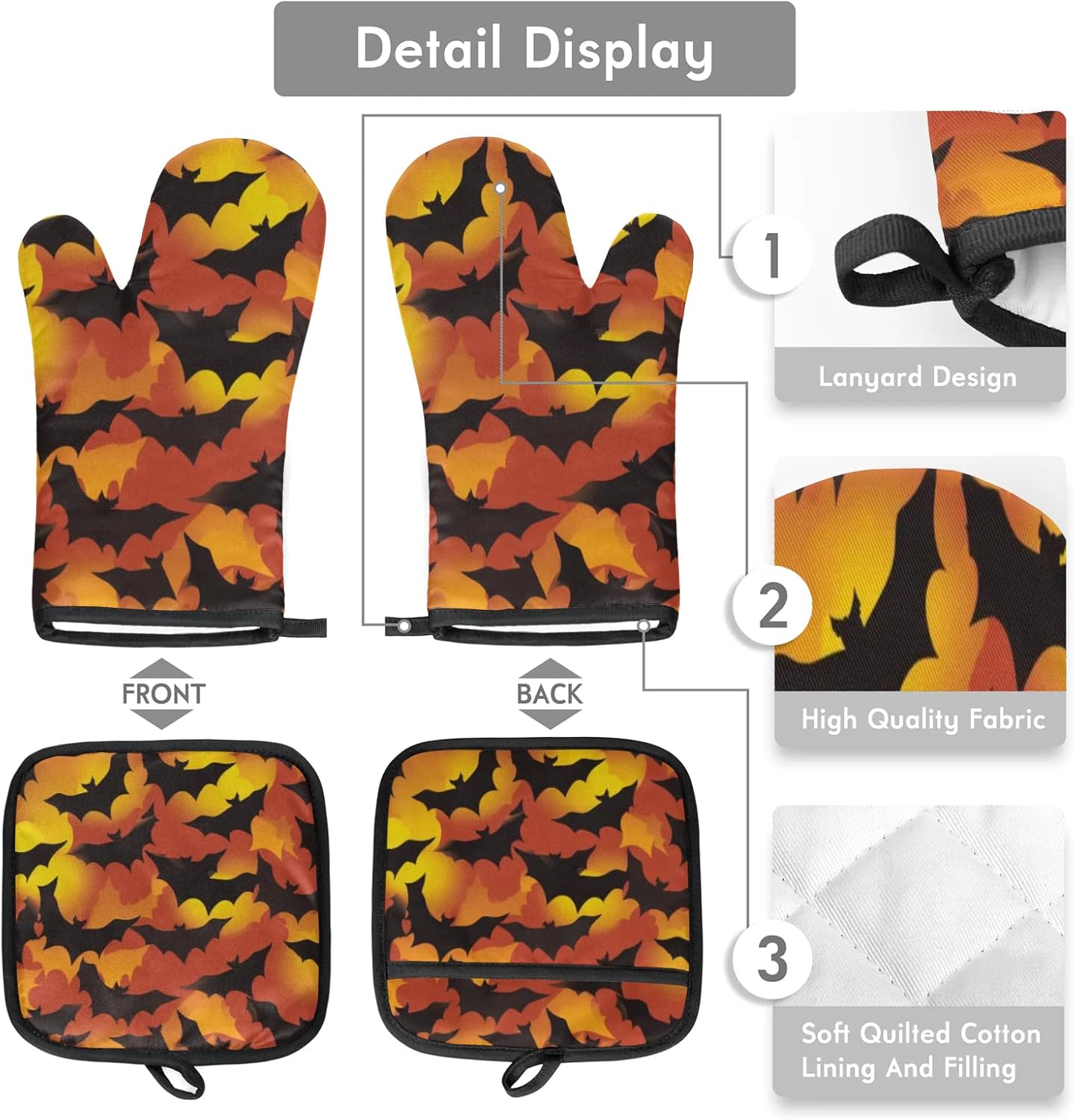 Halloween Bats Oven Mitts and Pot Holder Set