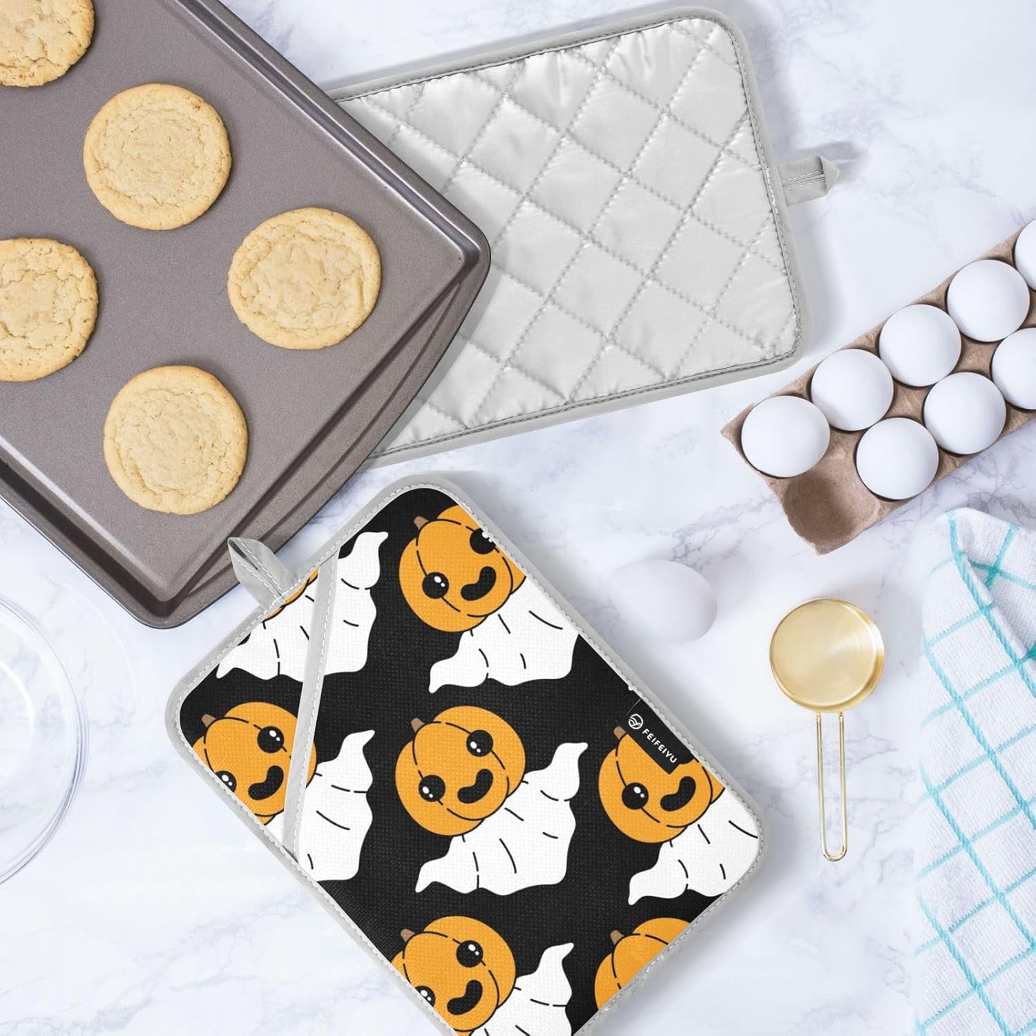 Halloween Ghost Pumpkin Potholders Set Oven-Resistant Mitts for Baking