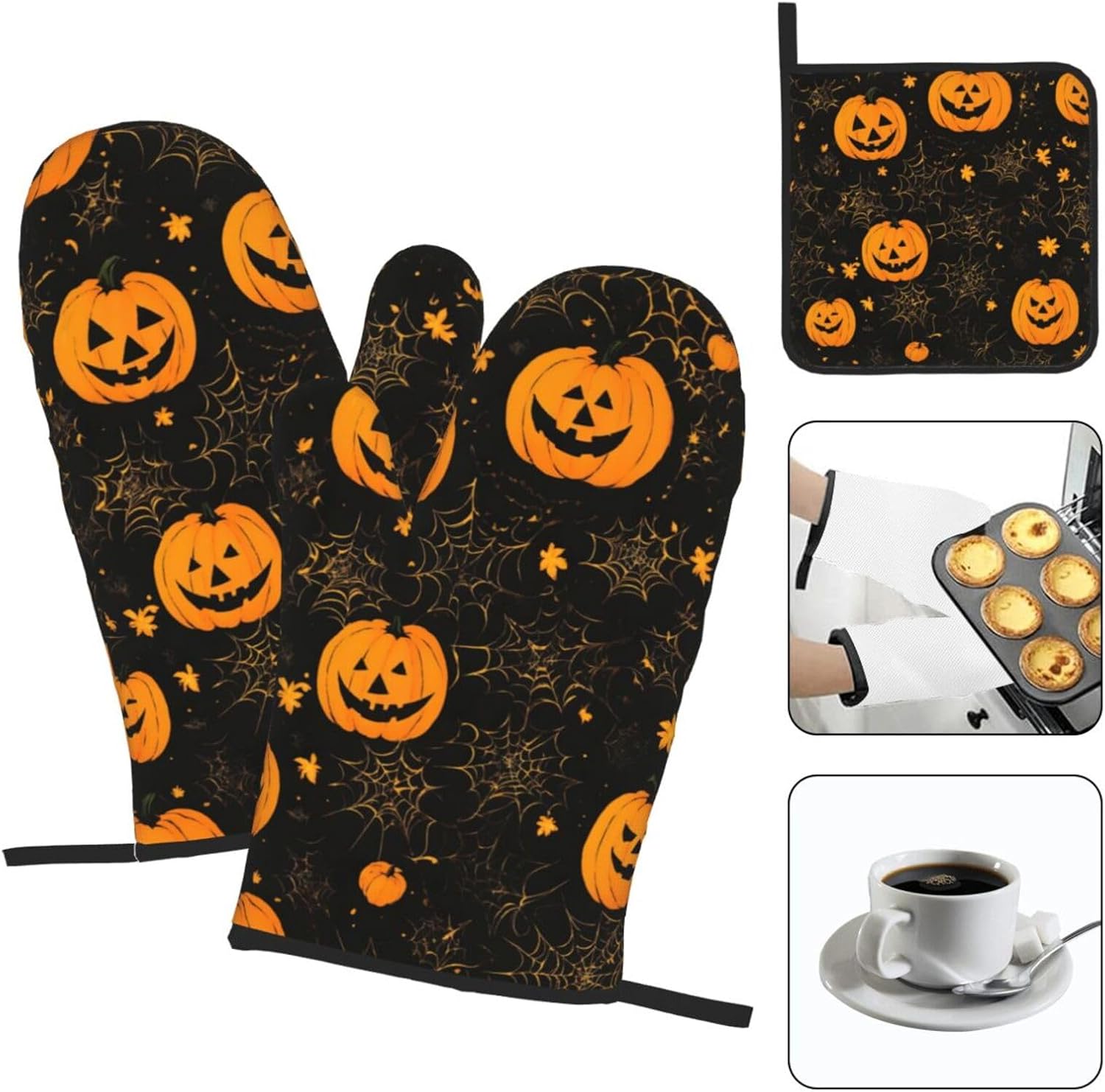 Halloween Pumpkin Print Oven Mitts Set of 3 Black