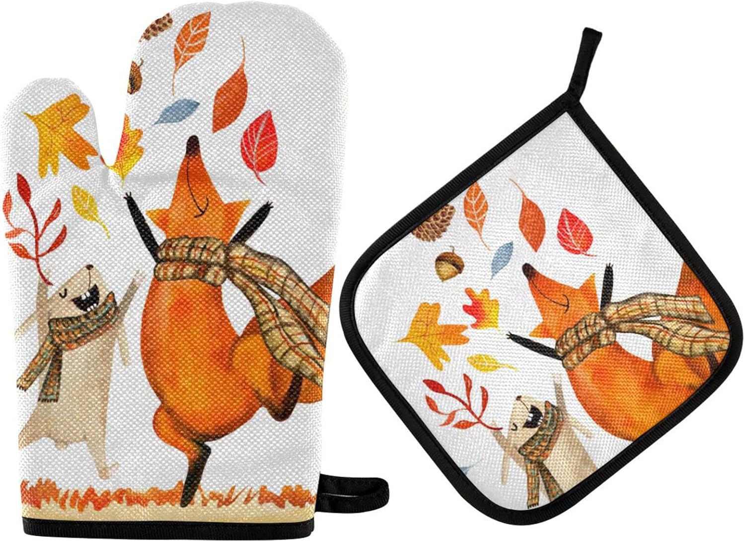 autumn-themed oven mitts and pot holders set for cozy home