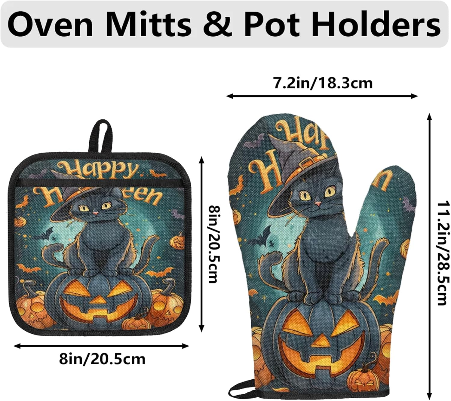 TropicalLife Halloween Black Cat Orange Pumpkin Oven Mitts Pot Holders Set