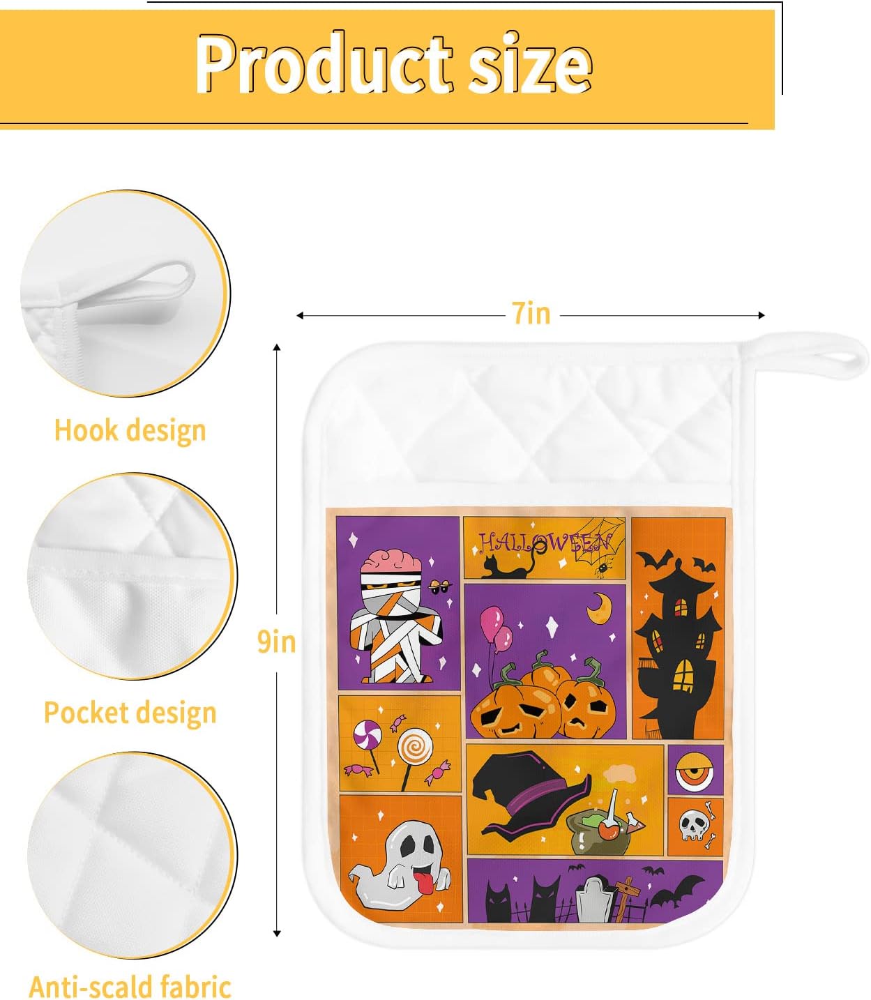 Halloween Pumpkin Purple Orange Potholders Set of 5 with Pocket and Hanging Loop