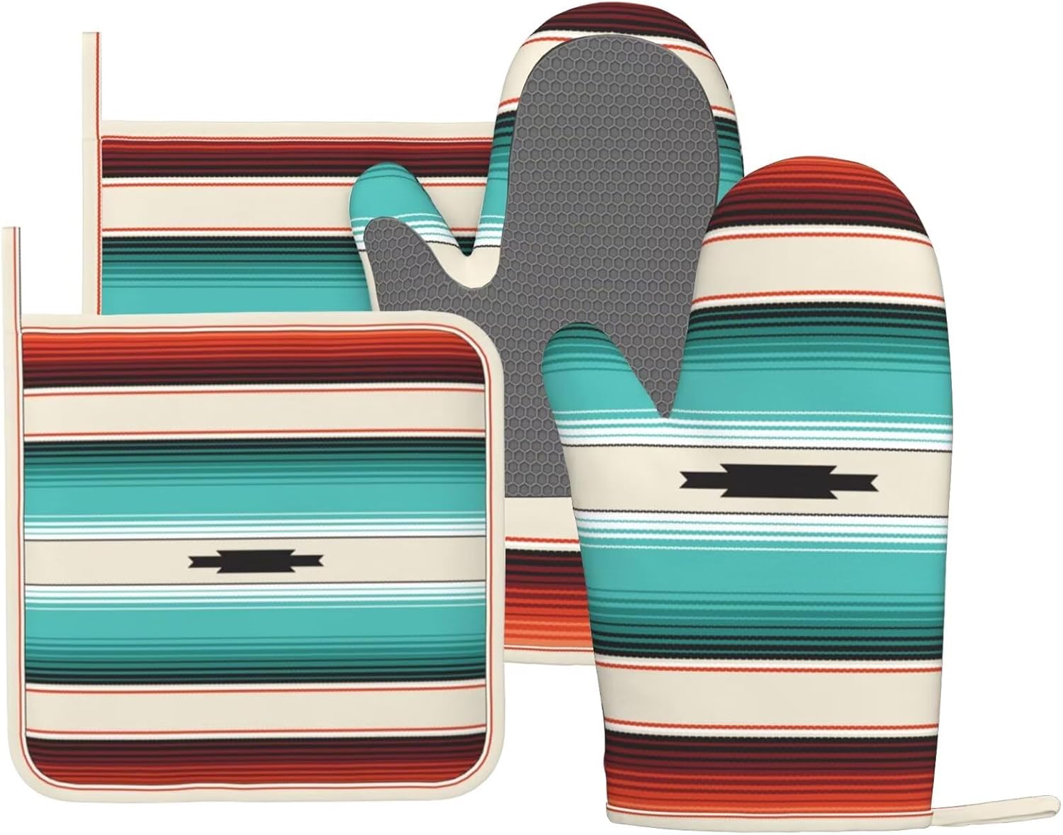 Bold Mexican Serape Turquoise Silicone Oven Mitts Potholders Set