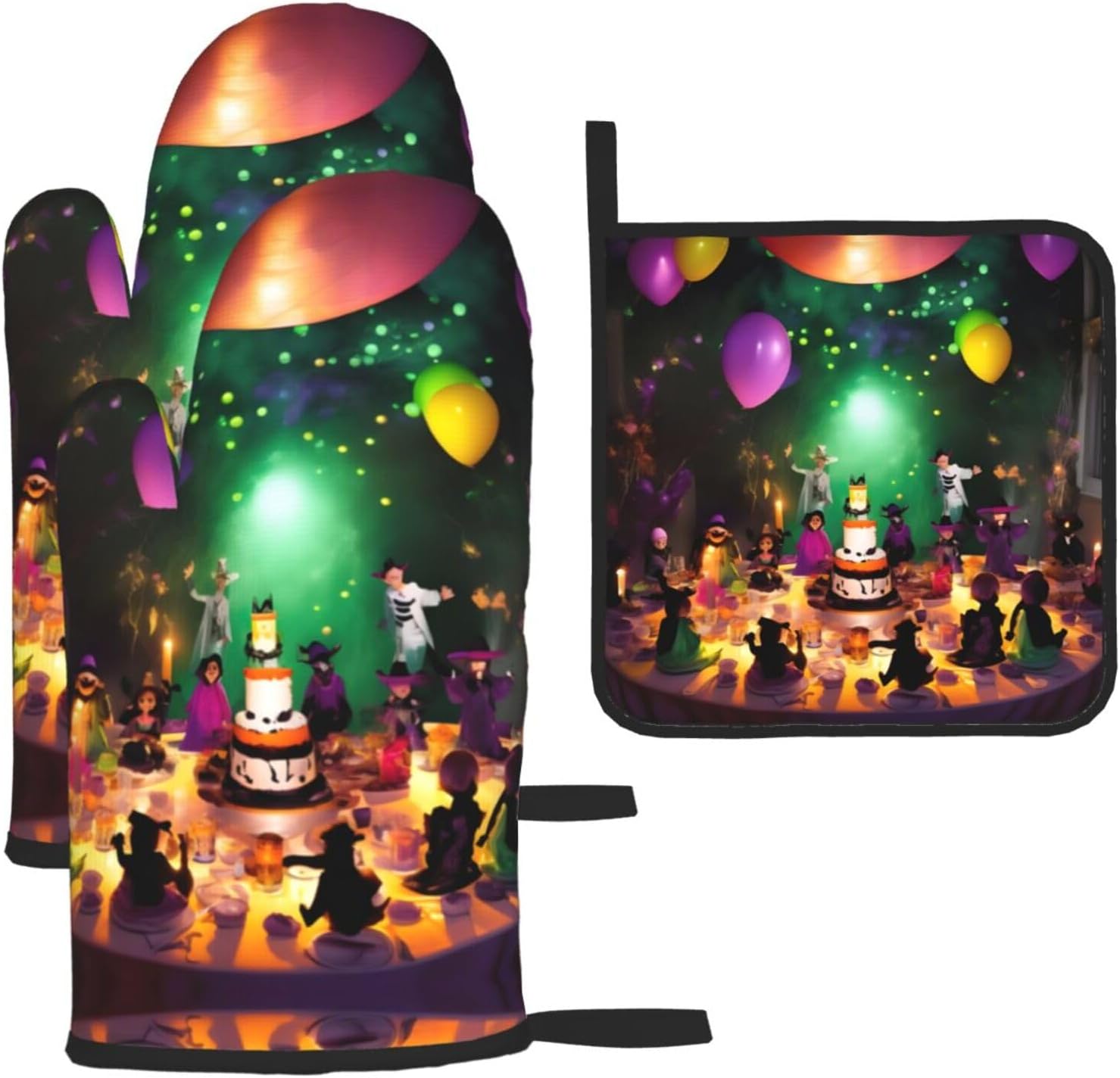 Halloween Party Oven Mitts and Pot Holders Set - Durable Heat Resistant Kitchen Gear
