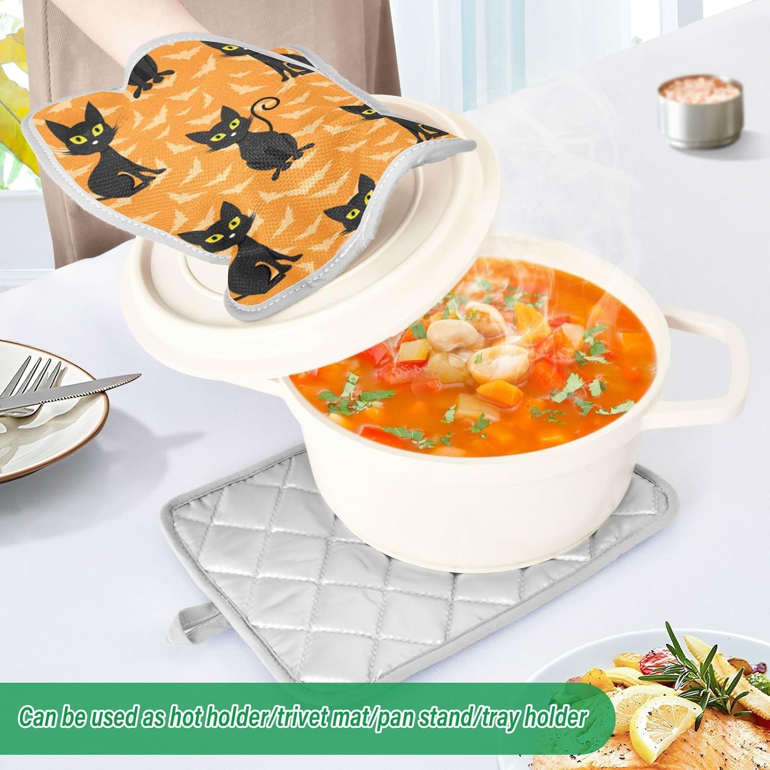 2Pcs Halloween Cat Potholder Set Non-Slip Heat Resistant
