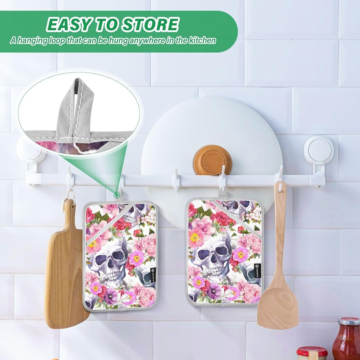 OurVii 2Pcs Summer Floral Skull Potholders with Pockets Non-Slip mitts Set