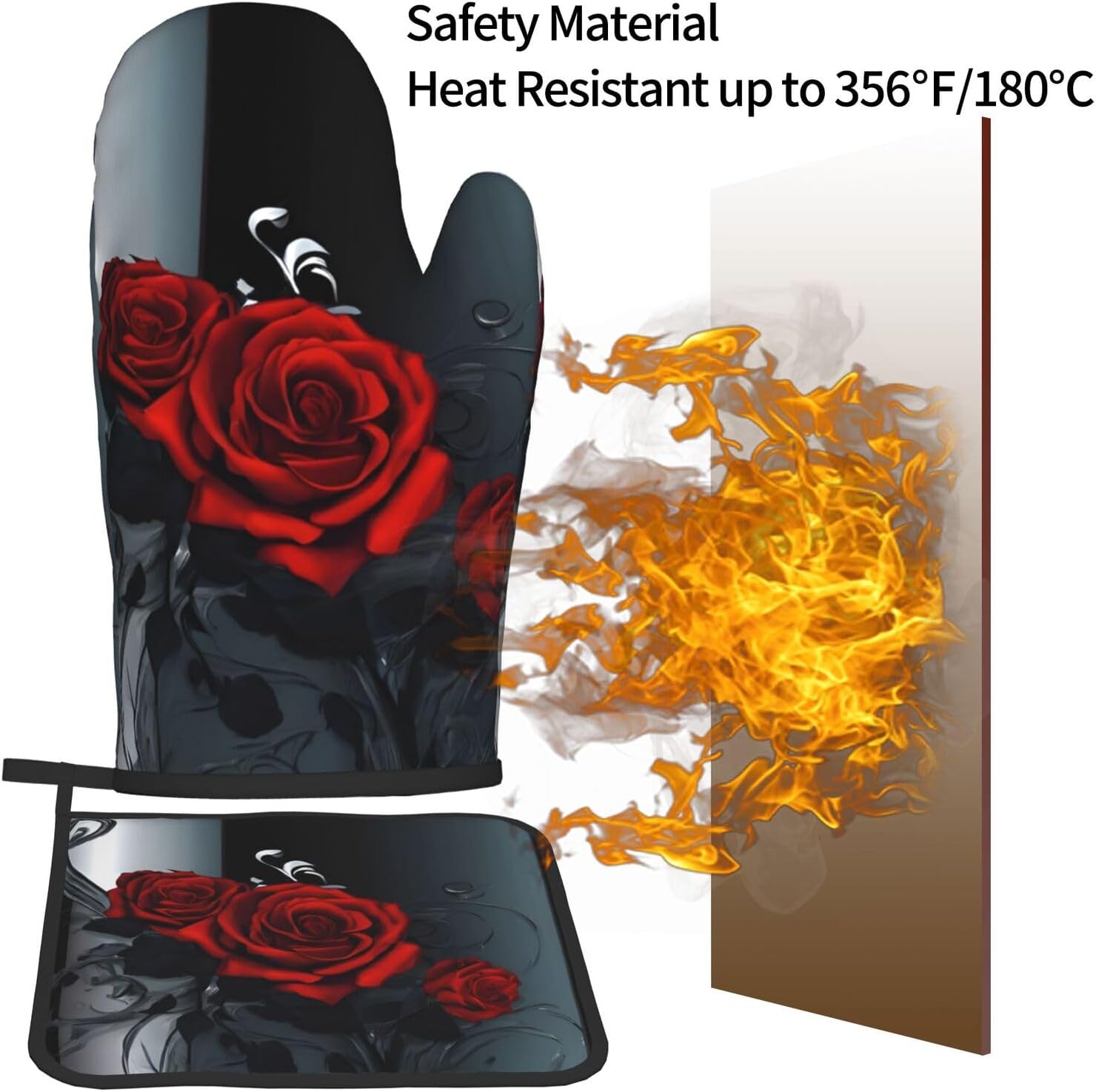 Pretty Roses Heat-Resistant Oven Mitt and Pot Holder Set